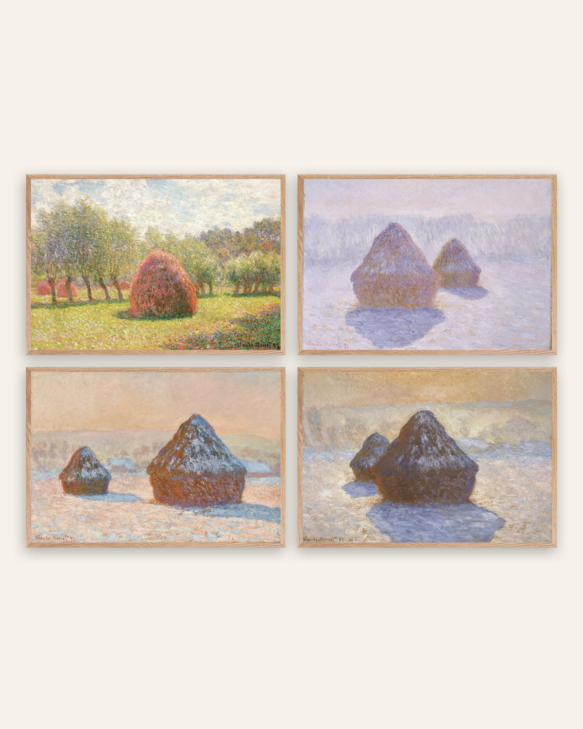 Posters de Monet, conjunto de 4: medas, do verão à neve, com molduras de carvalho natural