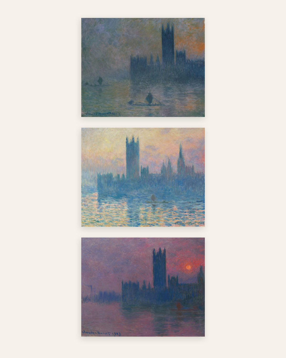 Posters de Monet, conjunto de 3: o Parlamento de Londres, nevoeiro e pôr do sol, sem moldura