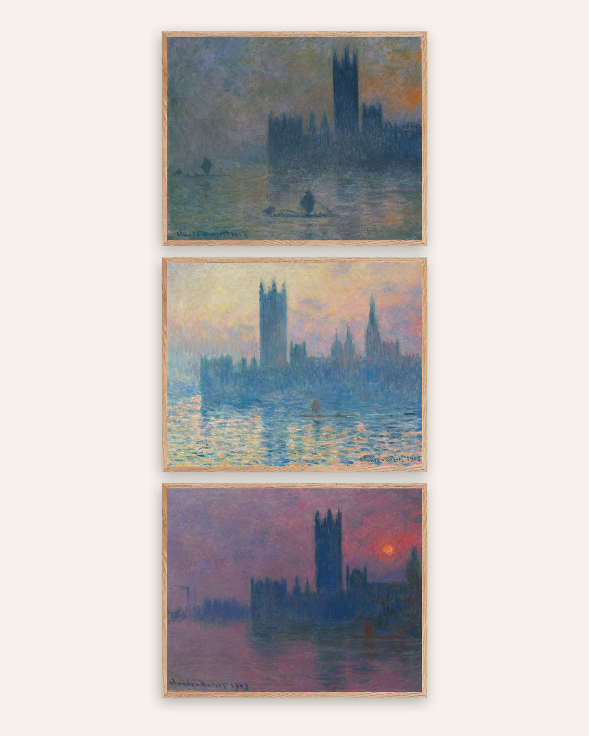 Posters de Monet, conjunto de 3: o Parlamento de Londres, nevoeiro e pôr do sol, com molduras de carvalho natural