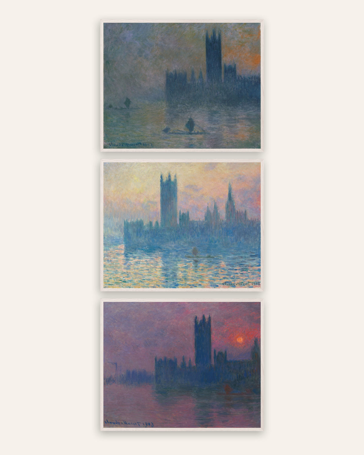 Posters de Monet, conjunto de 3: o Parlamento de Londres, nevoeiro e pôr do sol, com molduras de carvalho branco