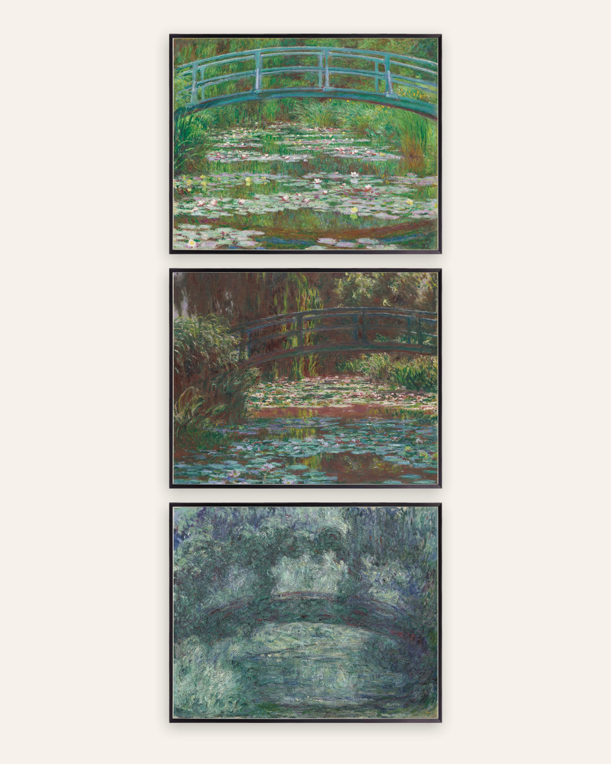 Posters de Monet, conjunto de 3: a Ponte Japonesa de Giverny, de 1899 a 1924, com molduras de metal preto