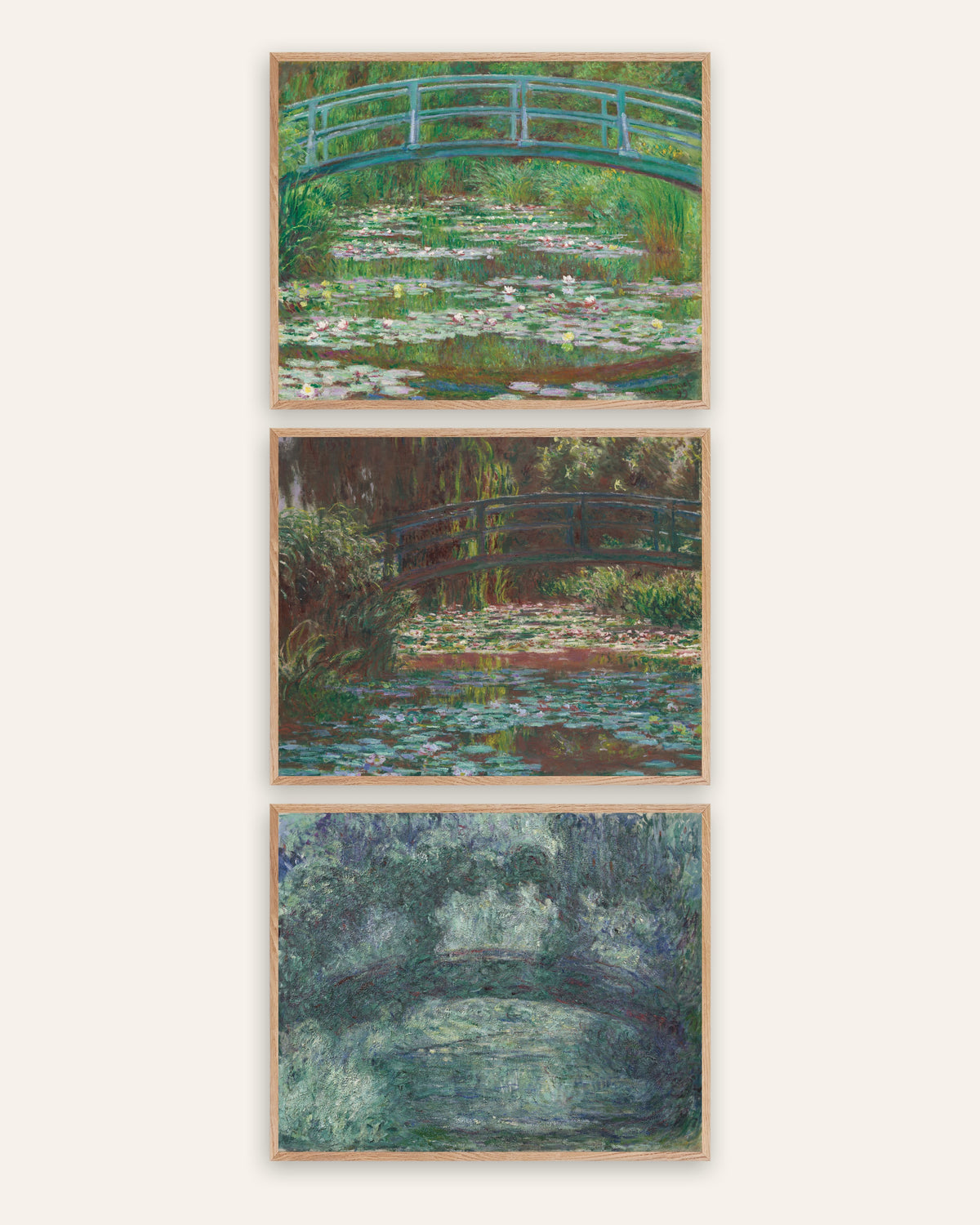 Posters de Monet, conjunto de 3: a Ponte Japonesa de Giverny, de 1899 a 1924, com molduras de carvalho natural