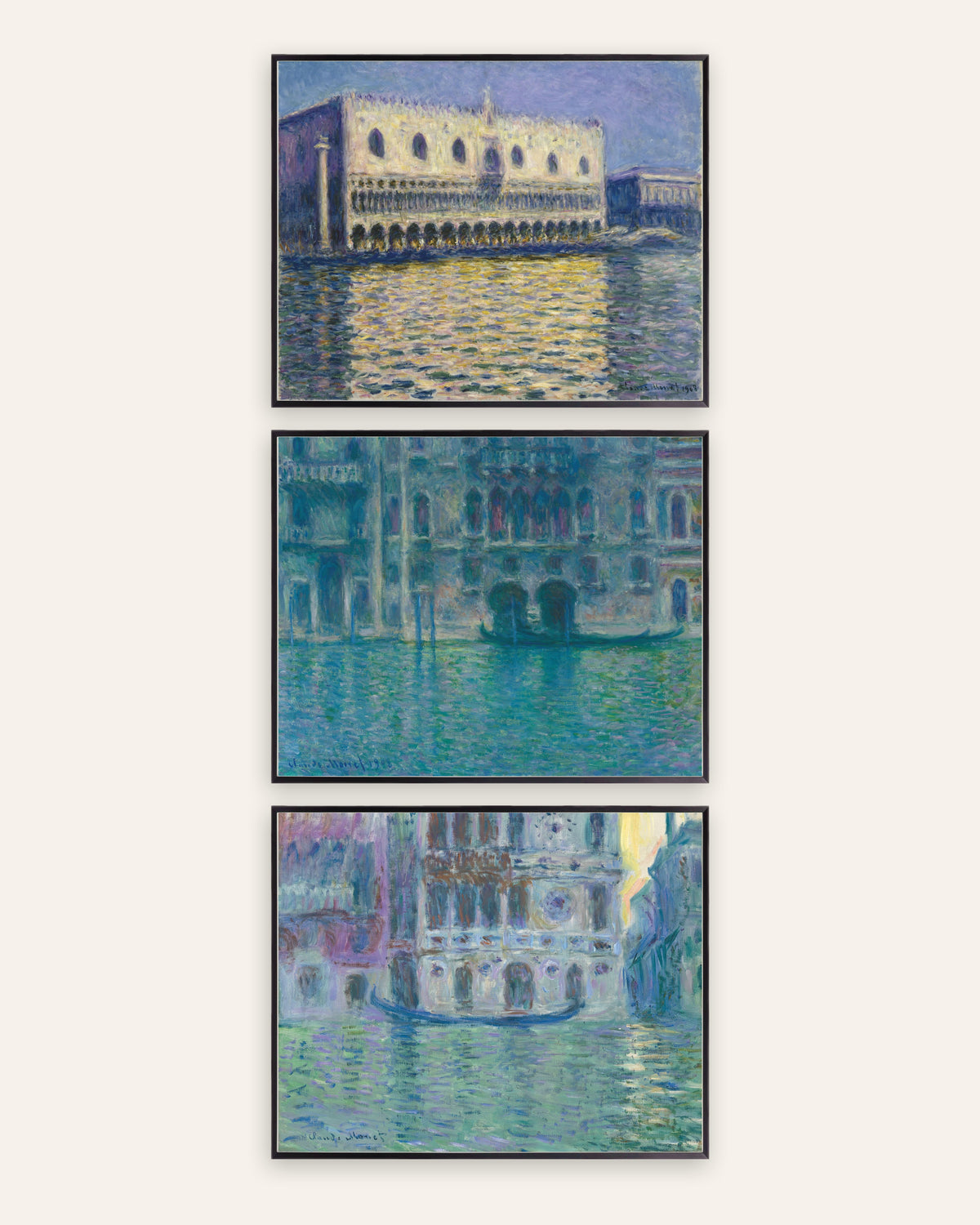 Posters de Monet, conjunto de 3: Veneza, Palácio Ducal, Palácio da Mula e Dario, com molduras de metal preto