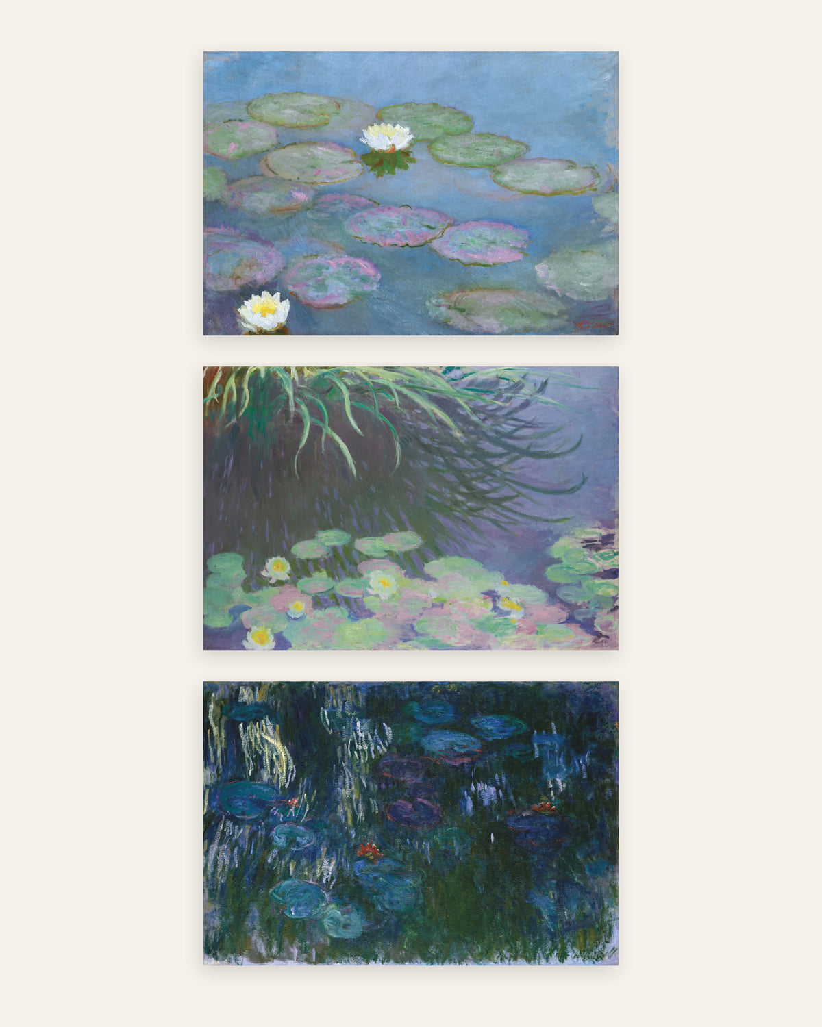 Posters de Monet, conjunto de 3: Nenúfares, primeiros e últimos panoramas, sem moldura