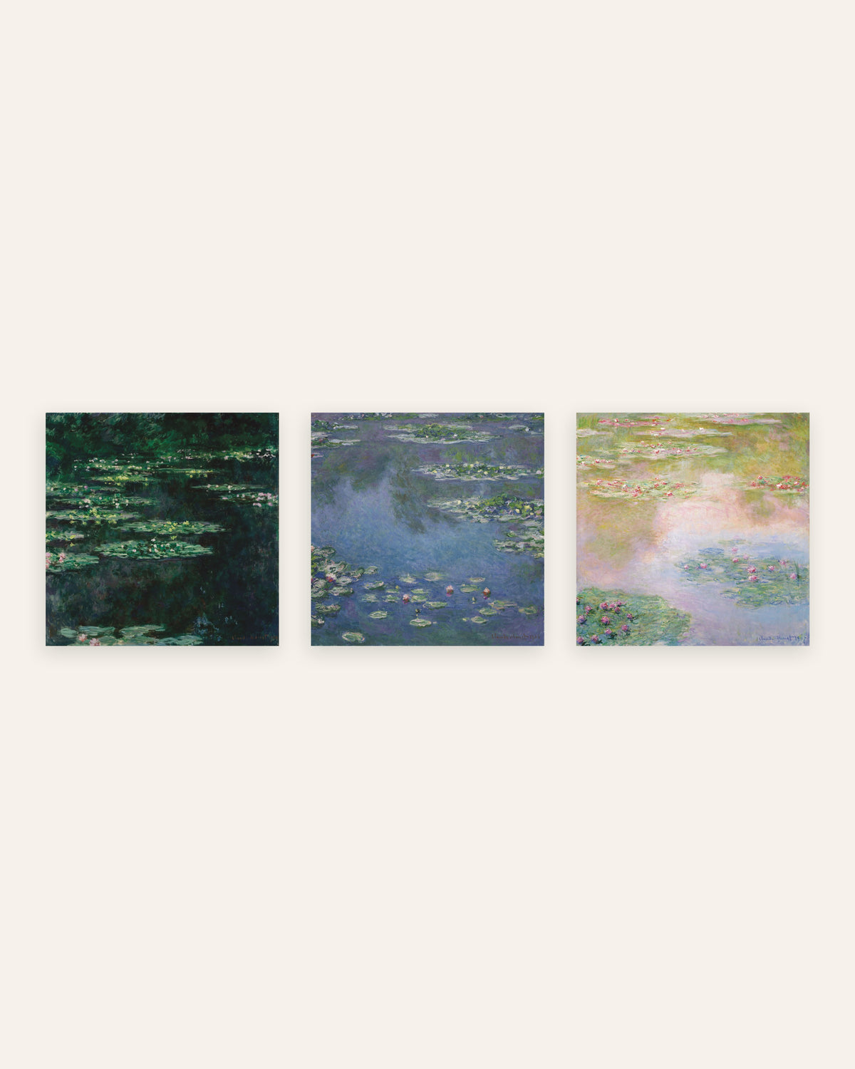 Posters de Monet, conjunto de 3: Nenúfares, vistas quadradas do lago, sem moldura