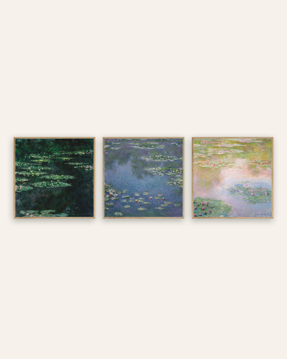 Posters de Monet, conjunto de 3: Nenúfares, vistas quadradas do lago, com molduras de carvalho natural