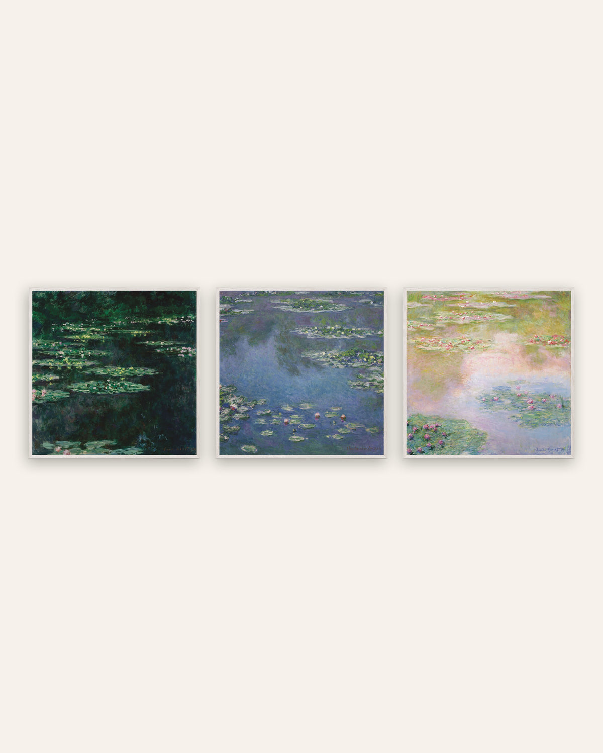 Posters de Monet, conjunto de 3: Nenúfares, vistas quadradas do lago, com molduras de carvalho branco