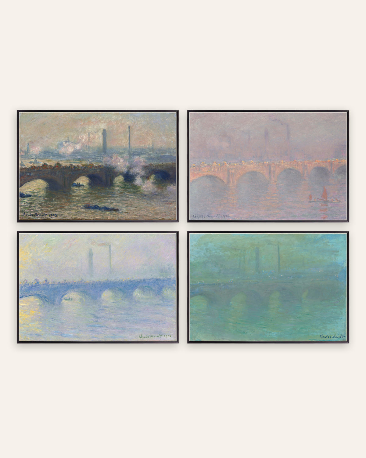 Posters de Monet, conjunto de 4: Ponte de Waterloo, cinzento, sol, bruma e anoitecer, com molduras de metal preto