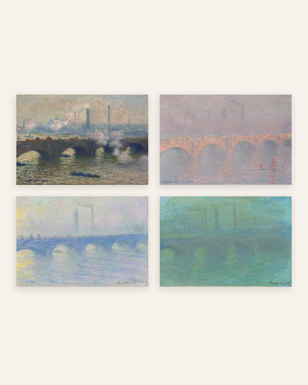 Posters de Monet, conjunto de 4: Ponte de Waterloo, cinzento, sol, bruma e anoitecer, sem moldura