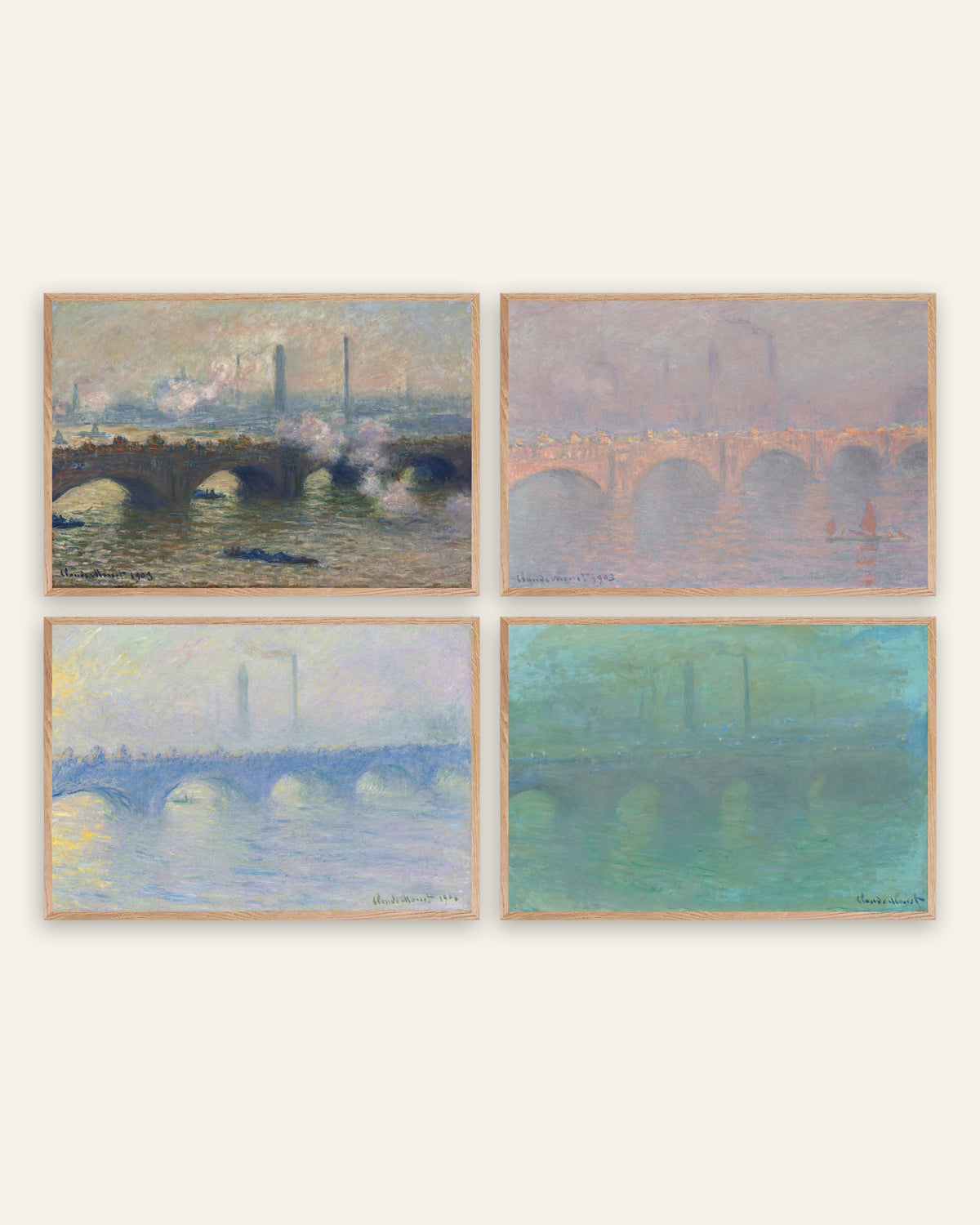 Posters de Monet, conjunto de 4: Ponte de Waterloo, cinzento, sol, bruma e anoitecer, com molduras de carvalho natural
