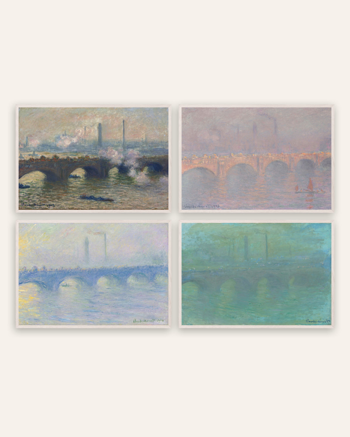 Posters de Monet, conjunto de 4: Ponte de Waterloo, cinzento, sol, bruma e anoitecer, com molduras de carvalho branco