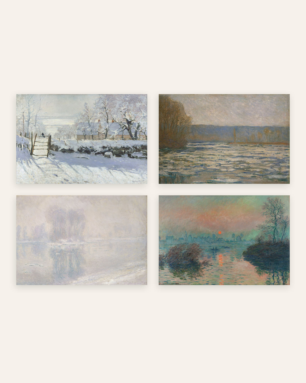 Posters de Monet, conjunto de 4: inverno, A Pega, gelo e pôr do sol, sem moldura