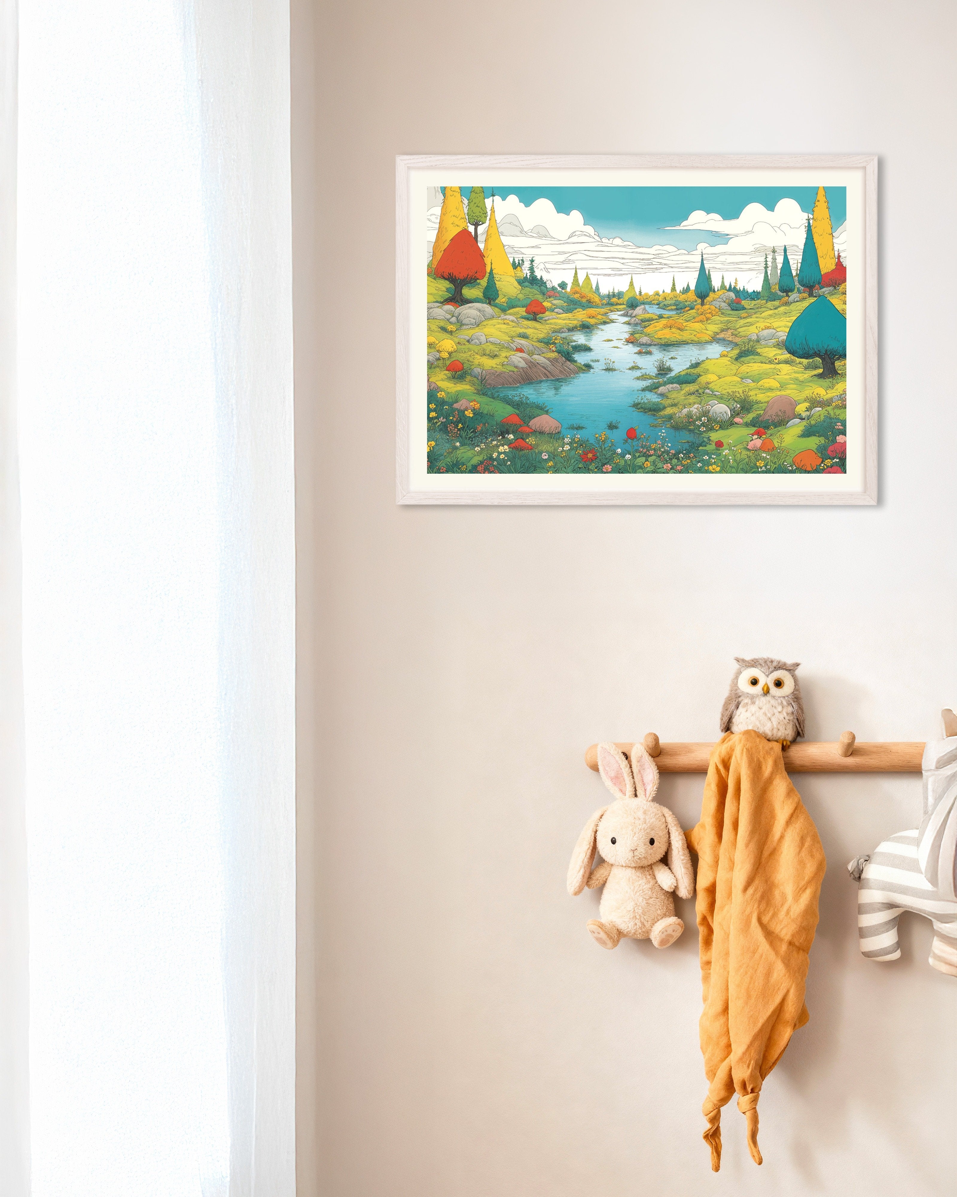 Poster of Moomin inspired bright valley poster, with white wooden frame
