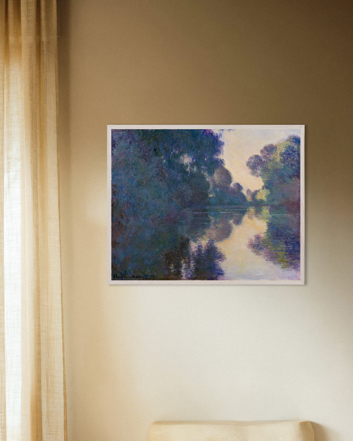 Poster Manhã no Sena perto de Giverny (1897), de Claude Monet, com moldura de madeira branca