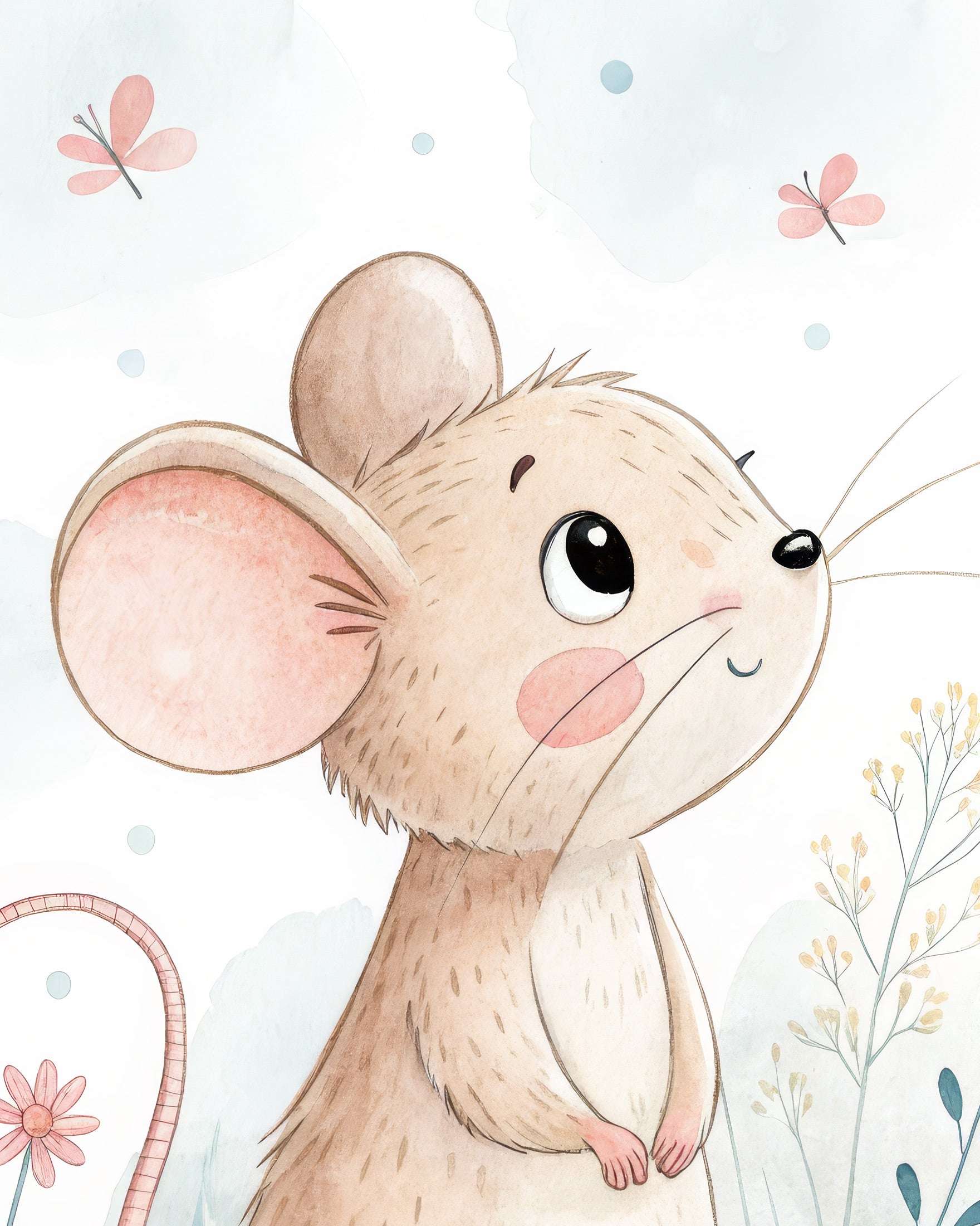 Pôster de Mouse - Impressões de Arte Fofas para Quarto Infantil com Flores