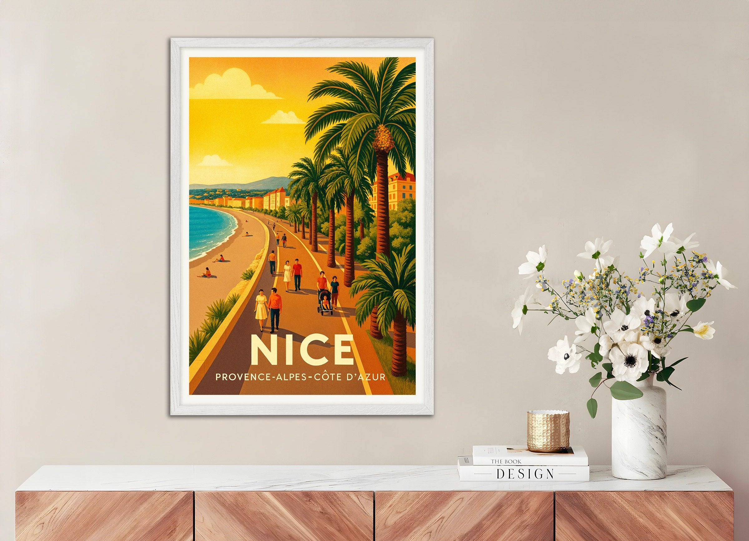 Poster of Nice Promenade Poster – French Riviera, with white wooden frame
