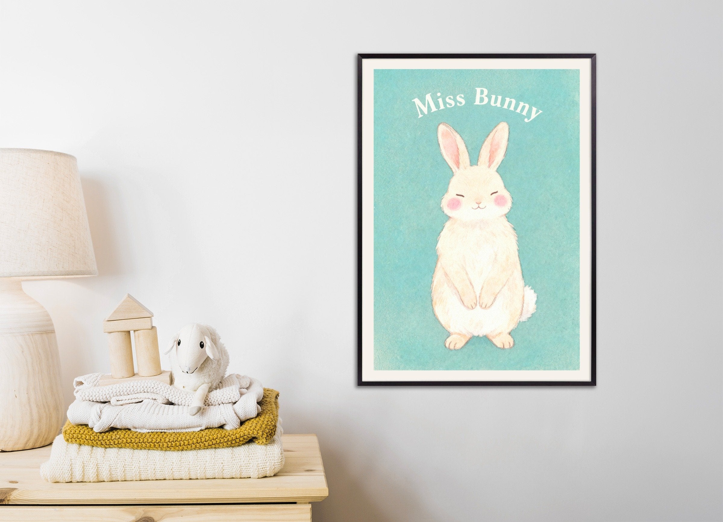 Poster of Nursery bunny wall art – Miss Bunny, sweet watercolor, with metal frame