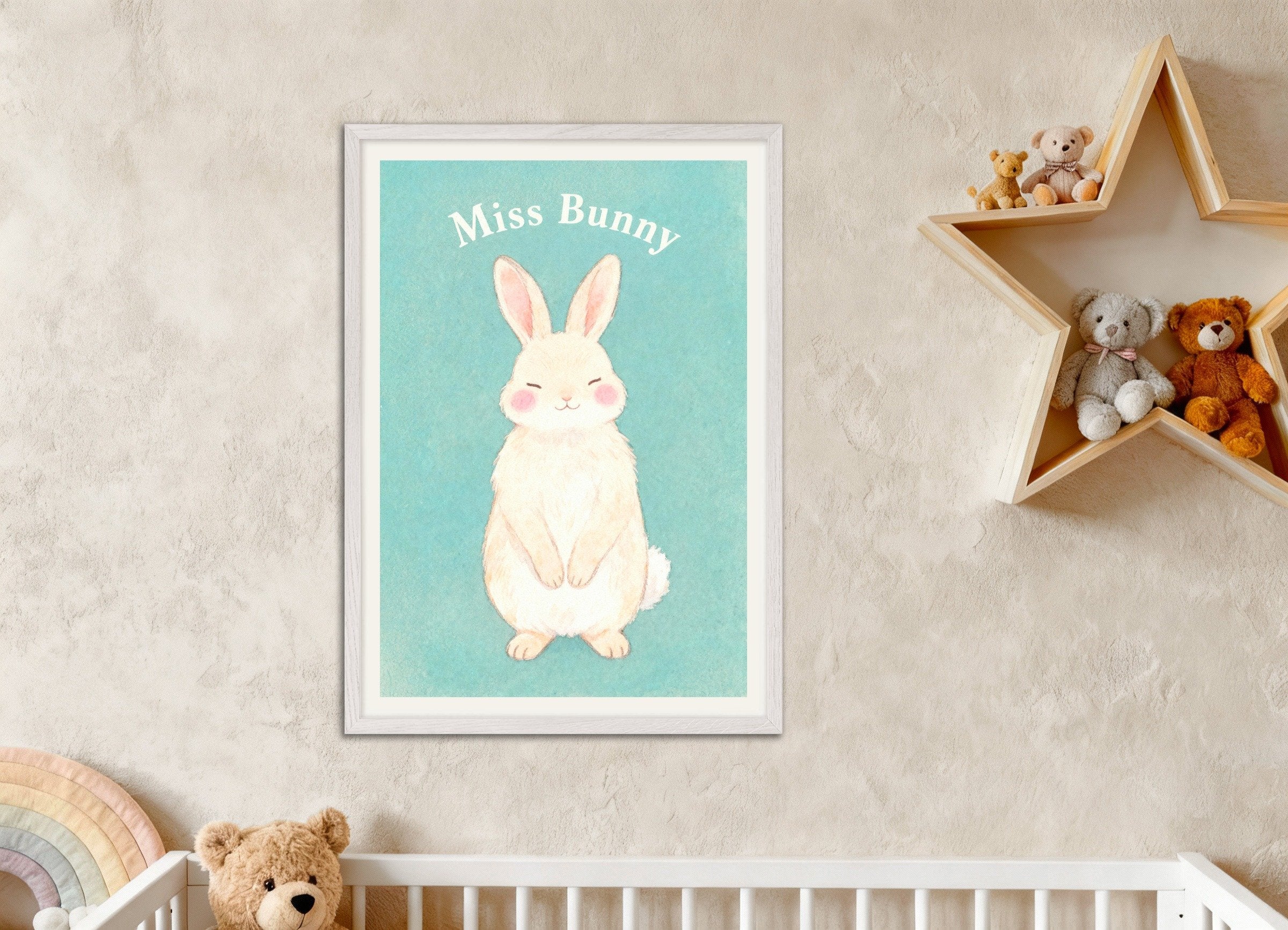 Poster of Nursery bunny wall art – Miss Bunny, sweet watercolor, with white wooden frame
