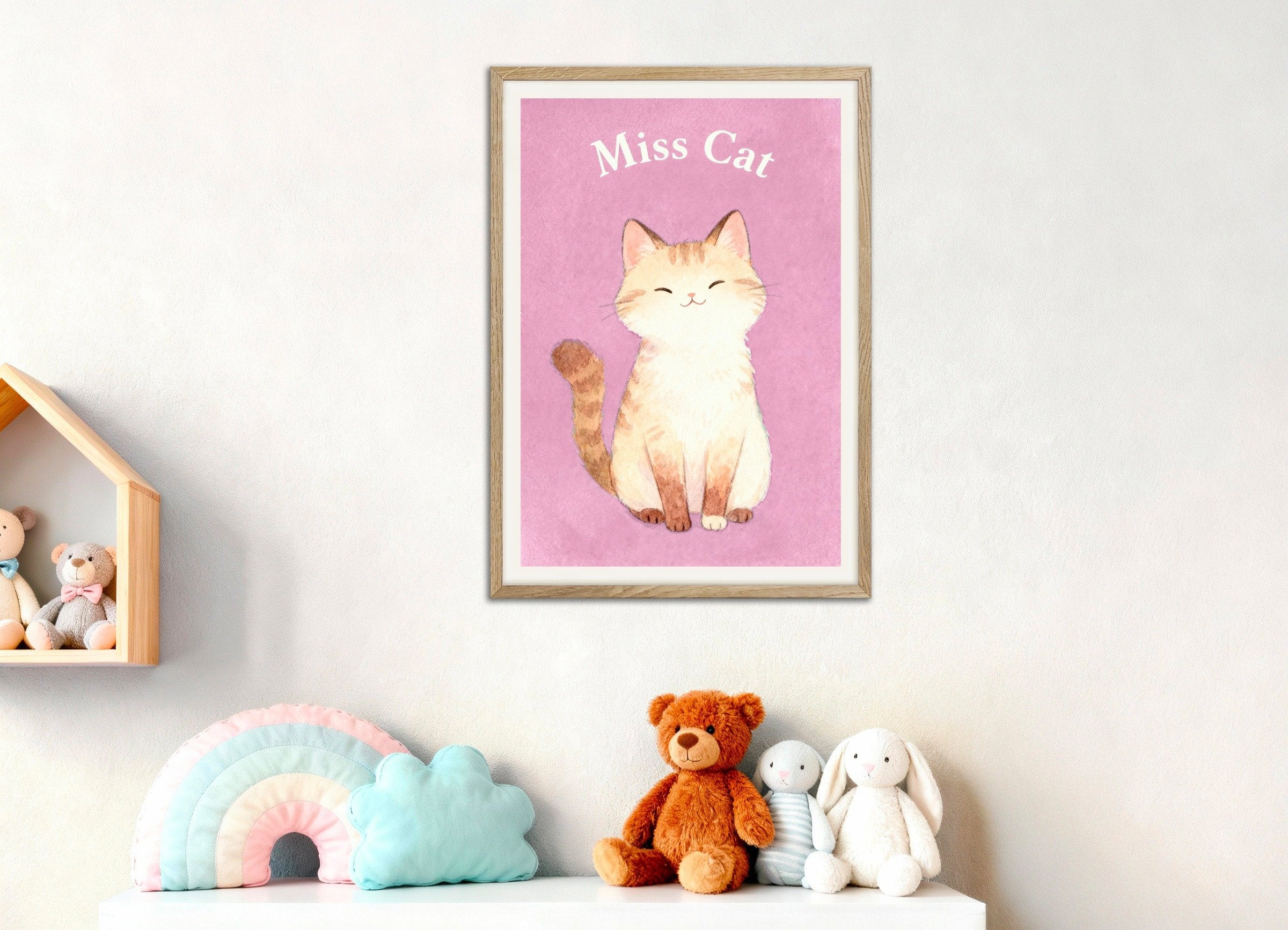 Poster of Nursery cat wall art – Cute animal poster for children’s room, with natural wooden frame