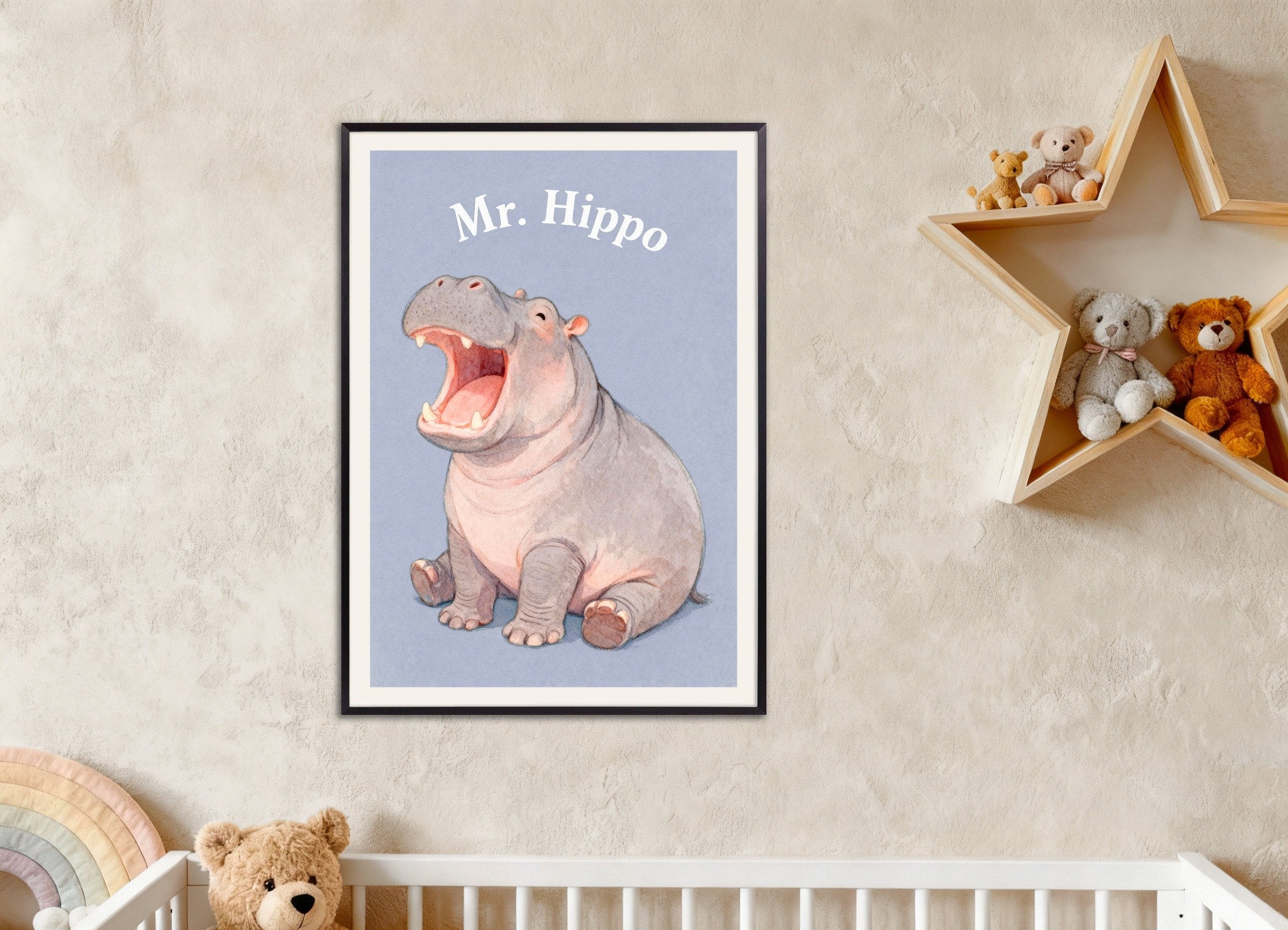 Poster of Nursery hippo wall art – Funny big animal watercolor print for nursery, with metal frame