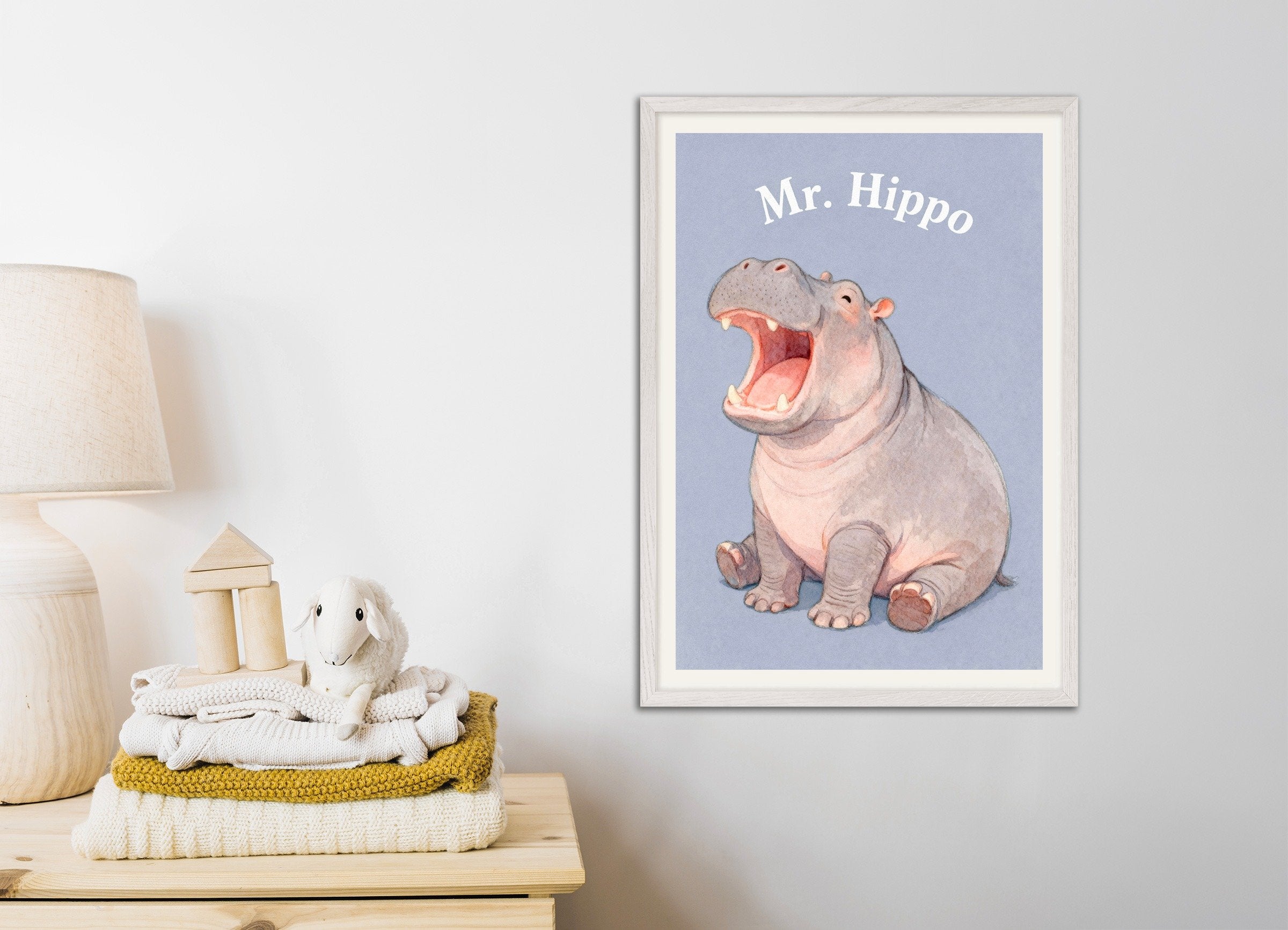Poster of Nursery hippo wall art – Funny big animal watercolor print for nursery, with white wooden frame