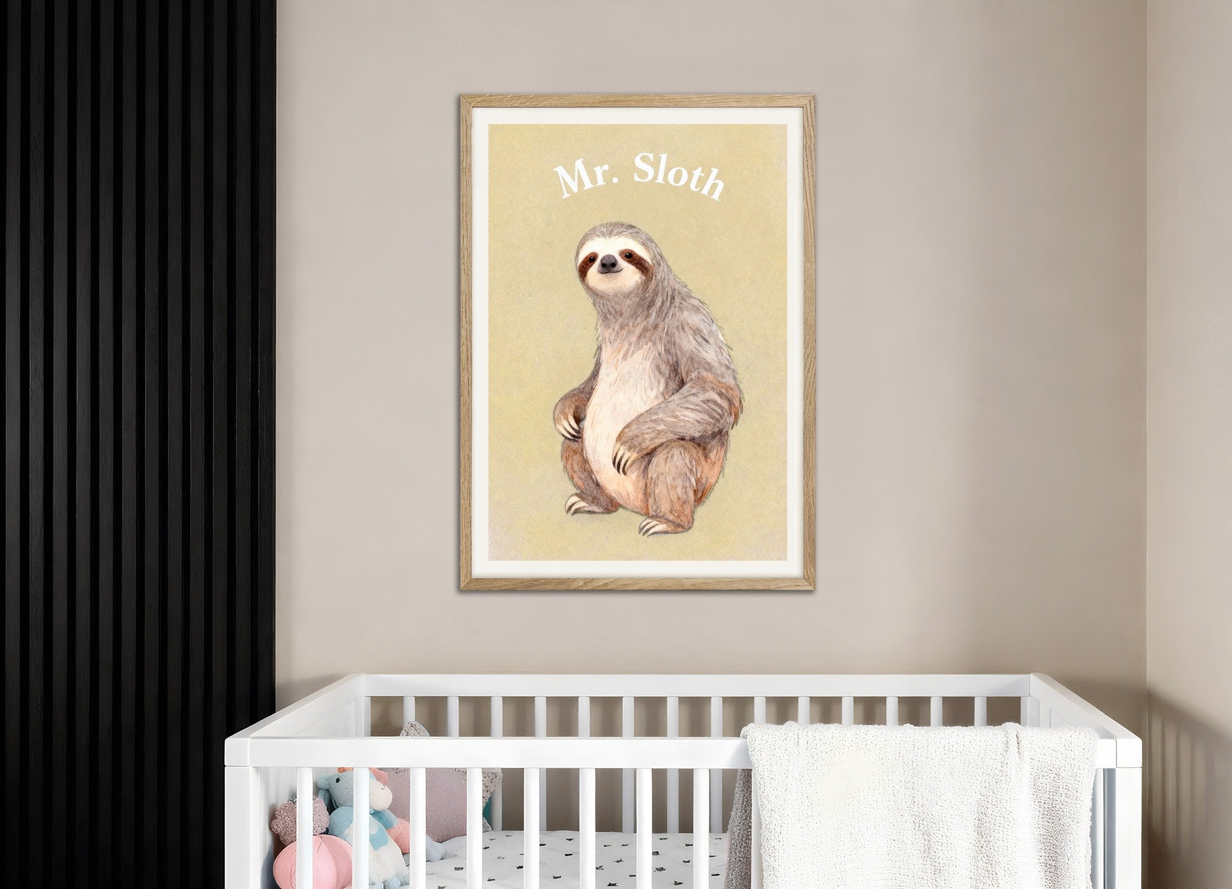 Poster of Nursery sloth wall art – Relaxed animal watercolor poster, with natural wooden frame