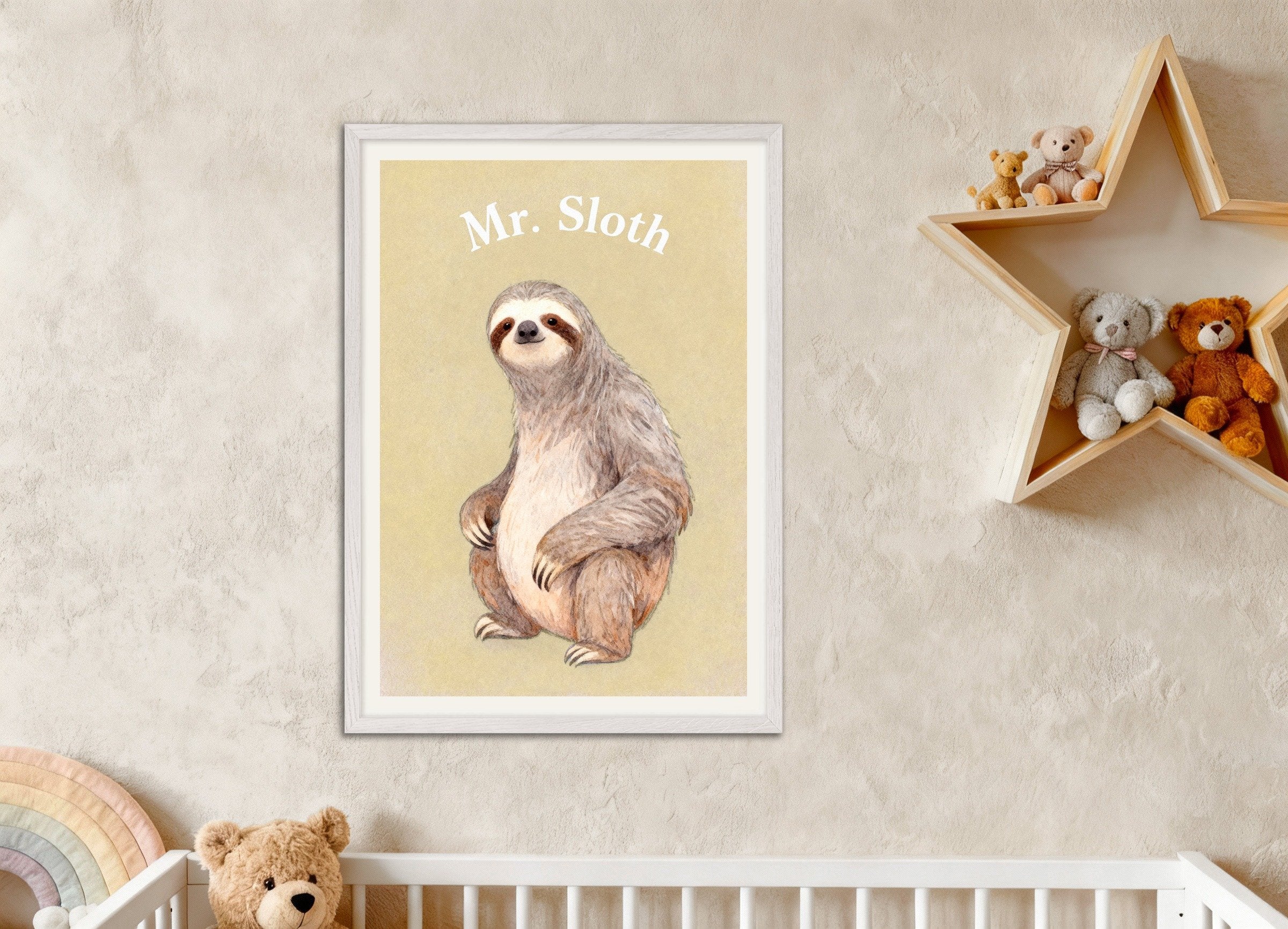 Poster of Nursery sloth wall art – Relaxed animal watercolor poster, with white wooden frame