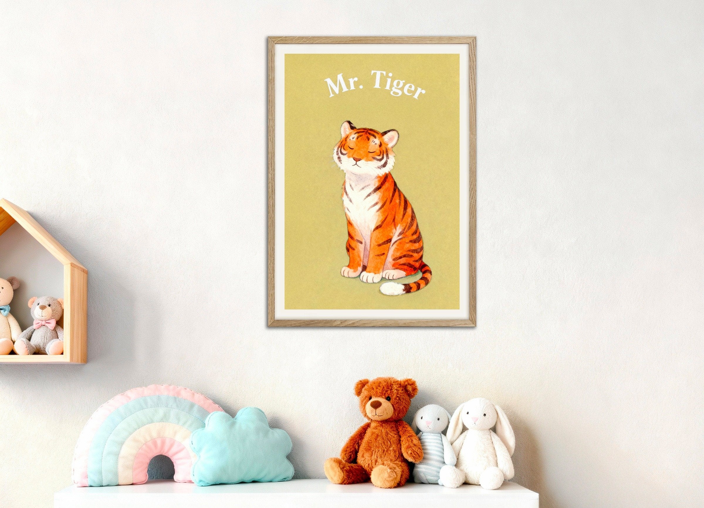 Poster of Nursery tiger wall art – Striped jungle animal, with natural wooden frame