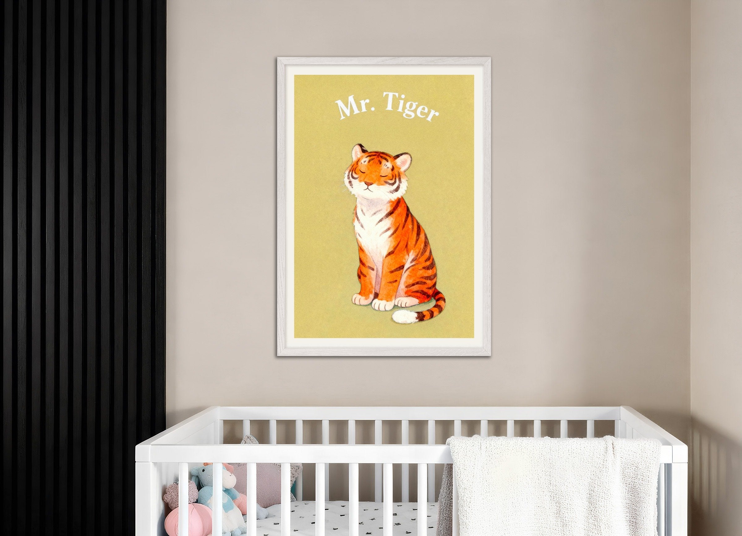 Poster of Nursery tiger wall art – Striped jungle animal, with white wooden frame