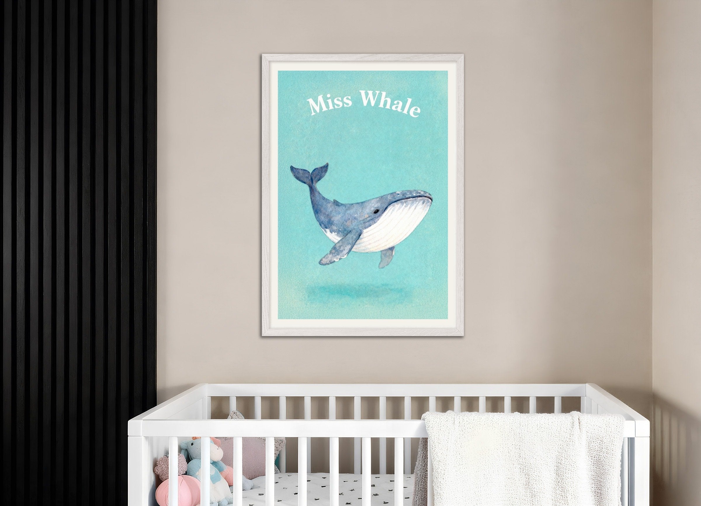 Poster of Nursery whale wall art – Ocean giant watercolor, with white wooden frame