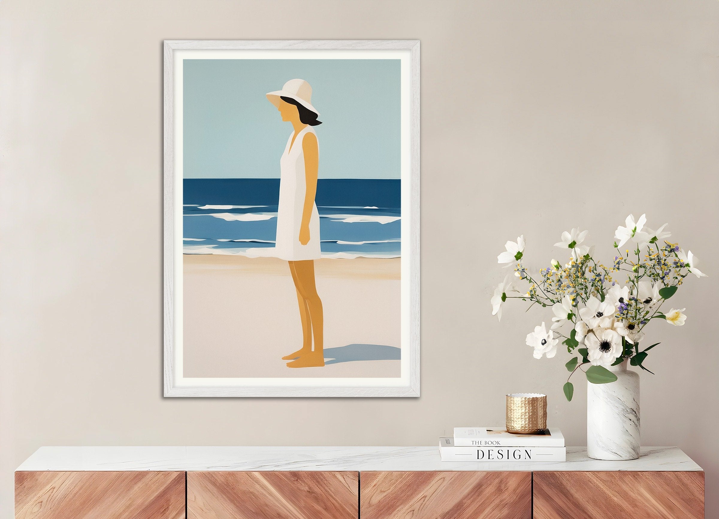 Poster of Octavia Beach Portrait - Elegant Coastal Art Print, with white wooden frame