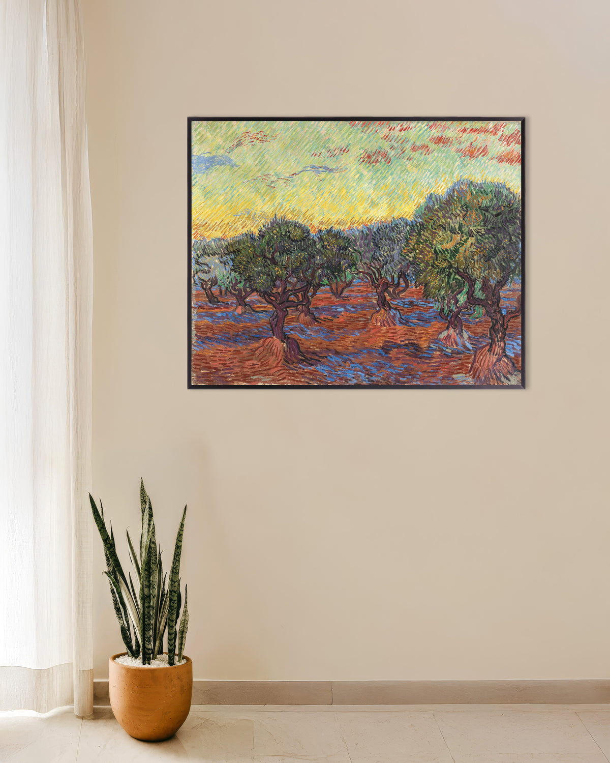 Poster Olival sob um céu cor de laranja (1889), de Vincent van Gogh, com moldura metálica
