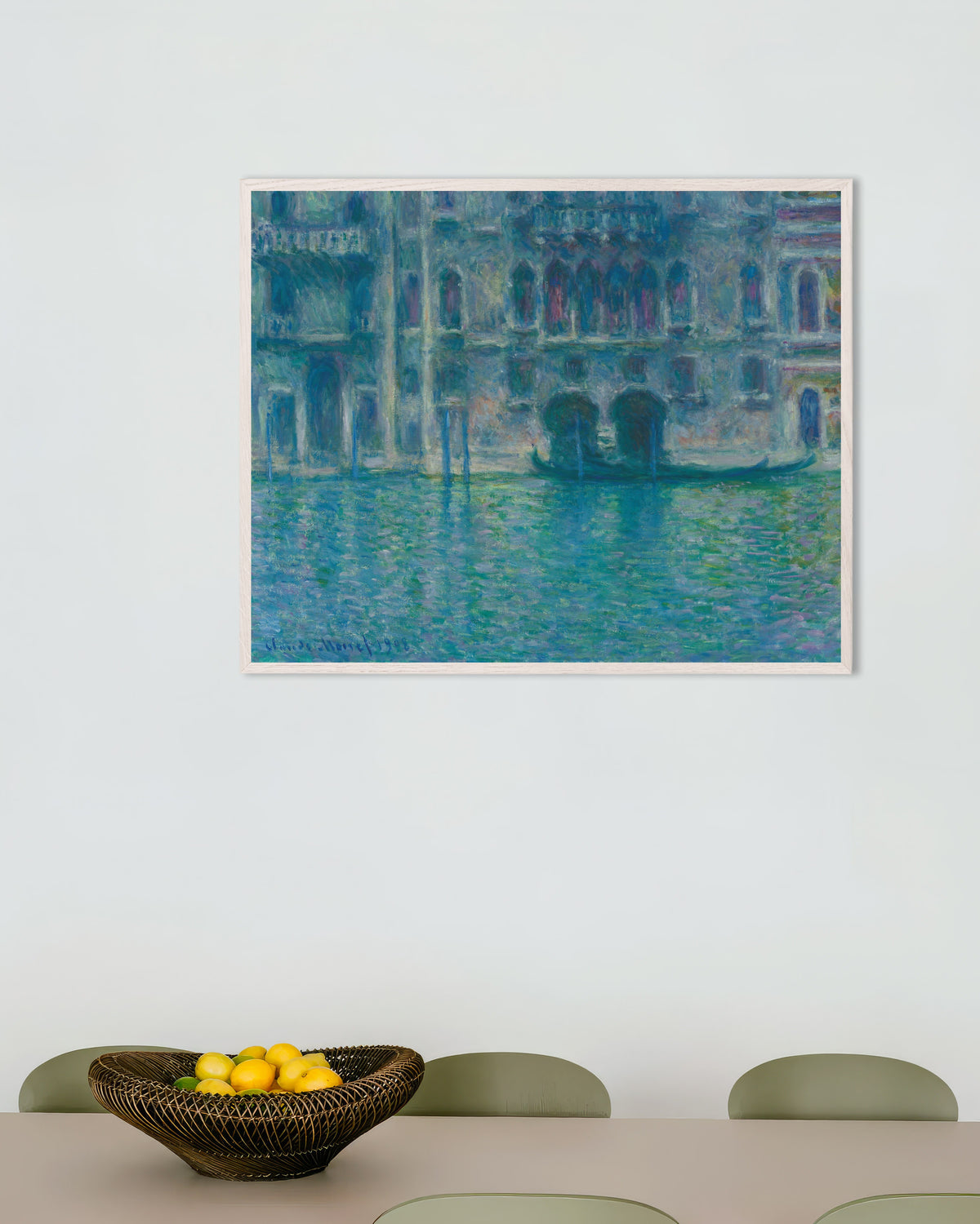 Poster O Palácio da Mula, Veneza (1908), de Claude Monet, com moldura de madeira branca