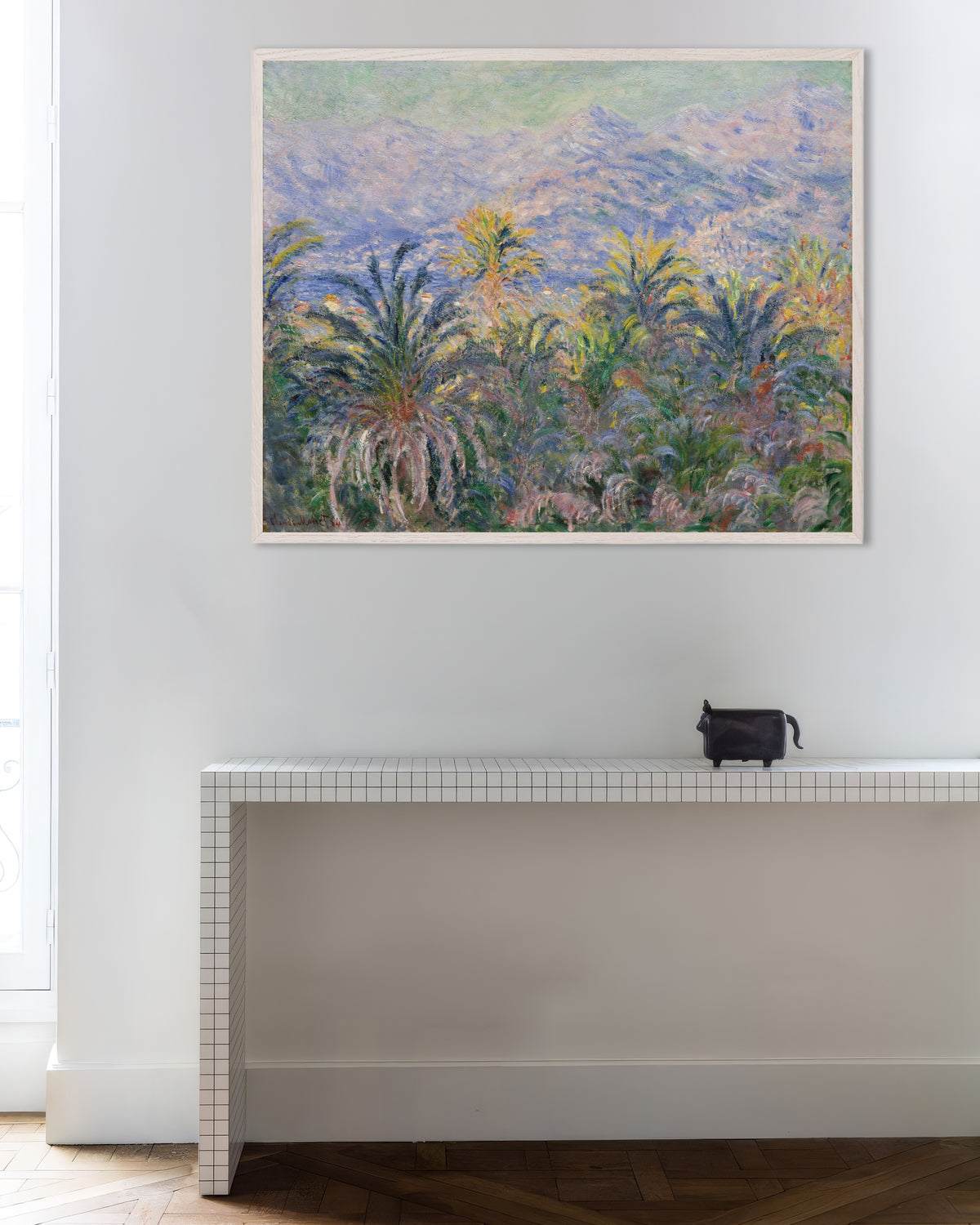 Poster Palmeiras em Bordighera (1884), de Claude Monet, com moldura de madeira branca