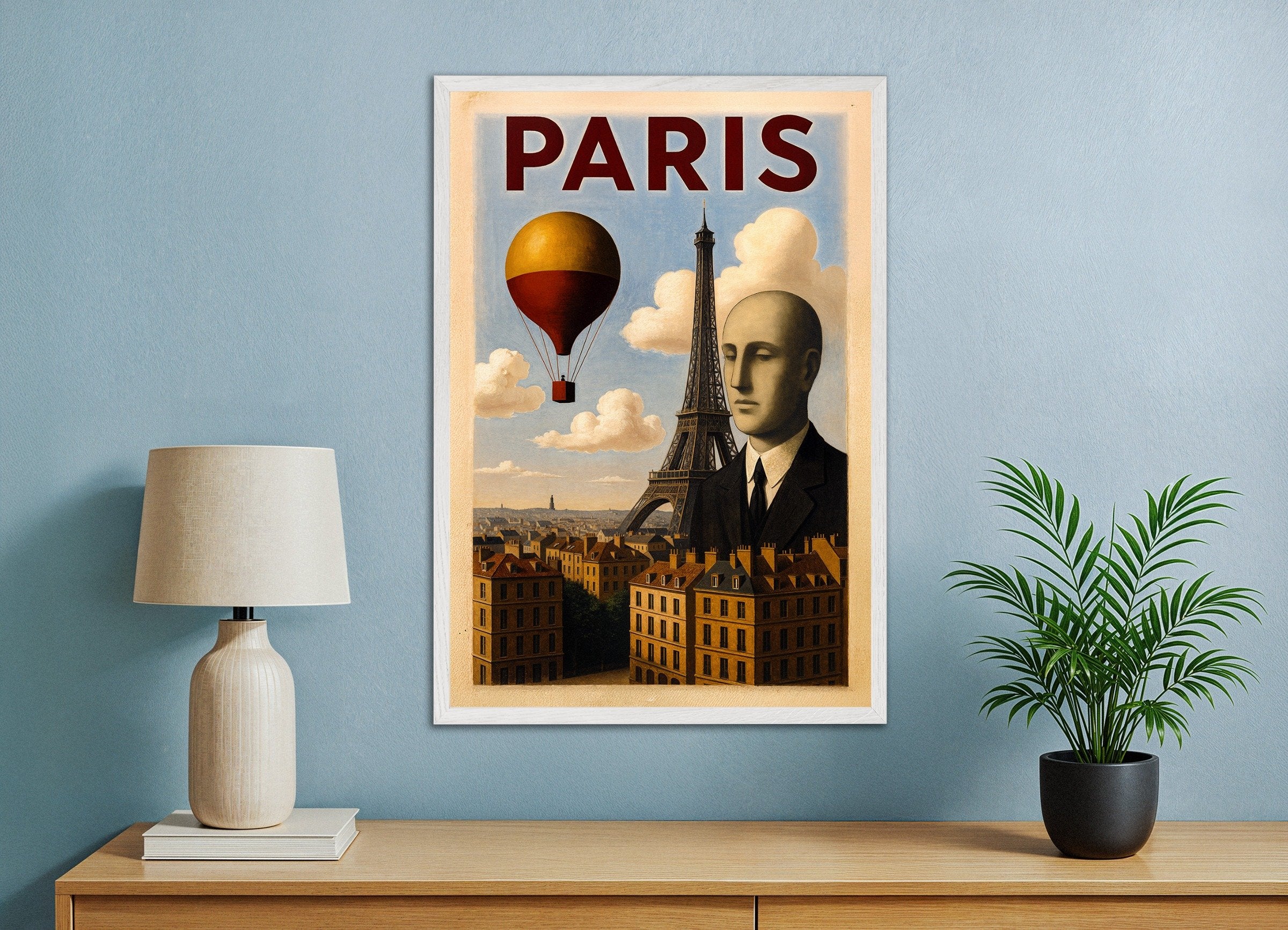 Poster of Paris - Steampunk Surrealism, with white wooden frame