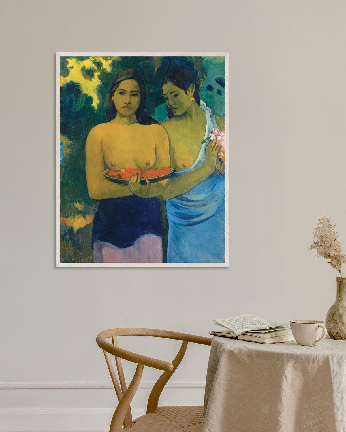 Poster Paul Gauguin, Duas mulheres taitianas, com moldura de madeira branca