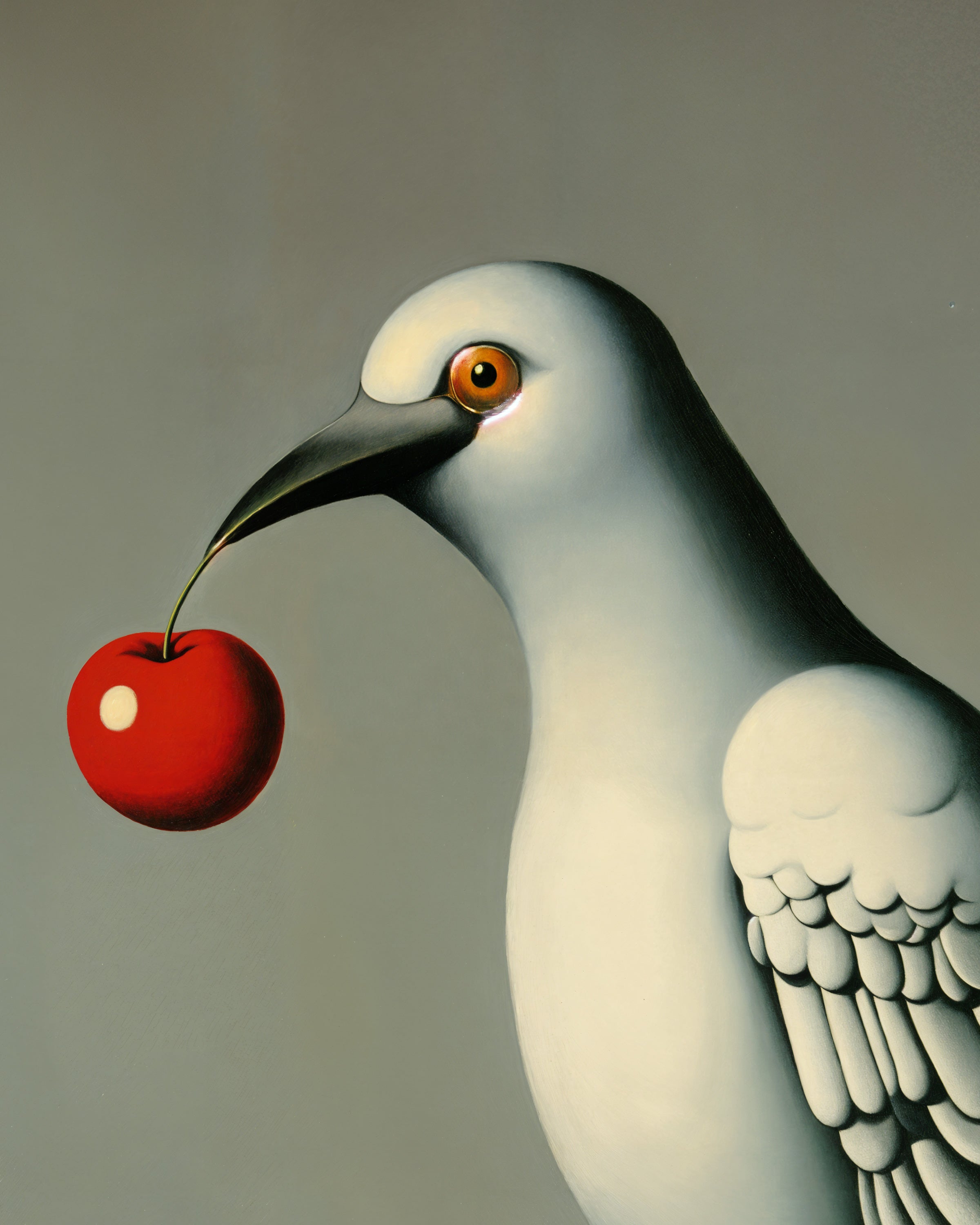 White bird holding a red cherry against a gray background