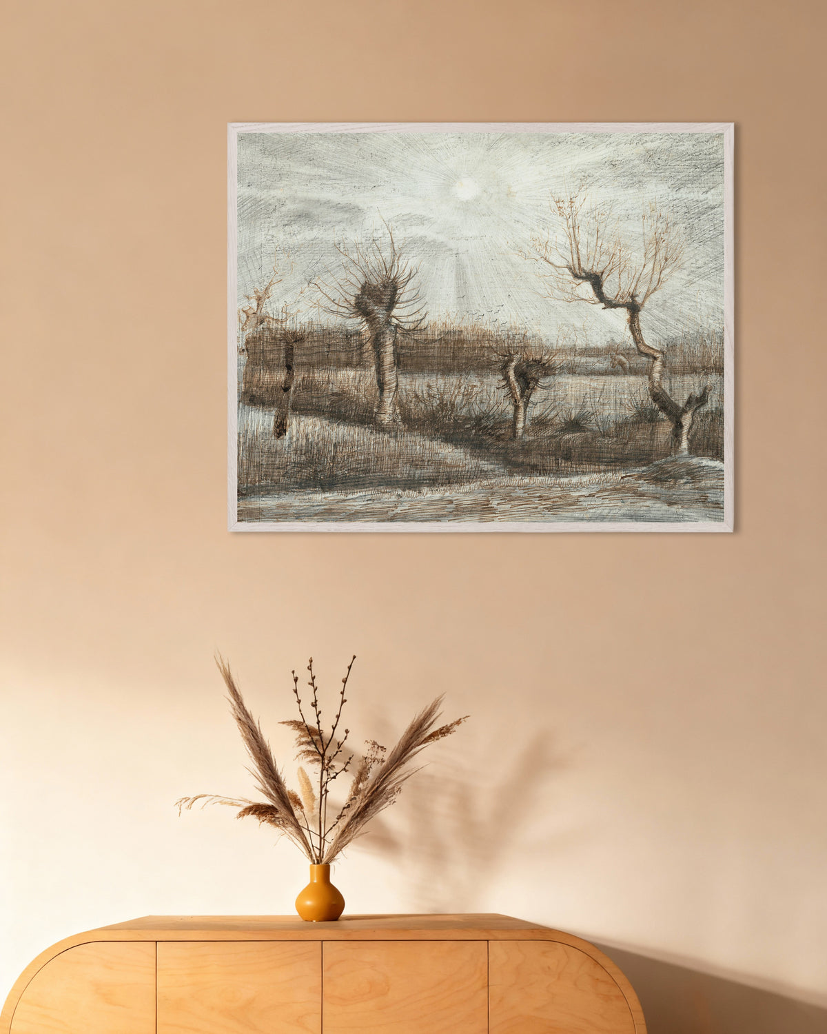 Poster de Salgueiros podados (1884), de Vincent van Gogh, com moldura de madeira branca