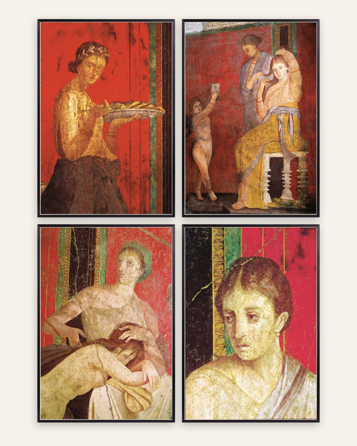 Posters de frescos de Pompeia, conjunto de 4: Villa dos Mistérios, com molduras de metal preto