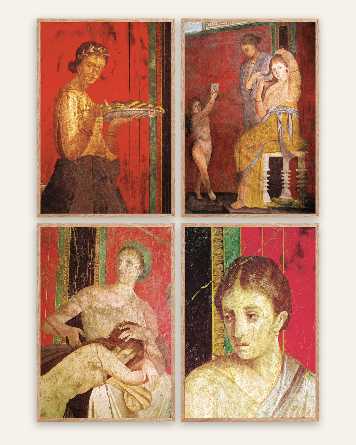 Posters de frescos de Pompeia, conjunto de 4: Villa dos Mistérios, com molduras de carvalho natural
