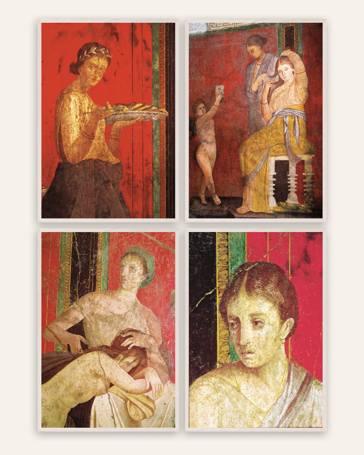 Posters de frescos de Pompeia, conjunto de 4: Villa dos Mistérios, com molduras de carvalho branco