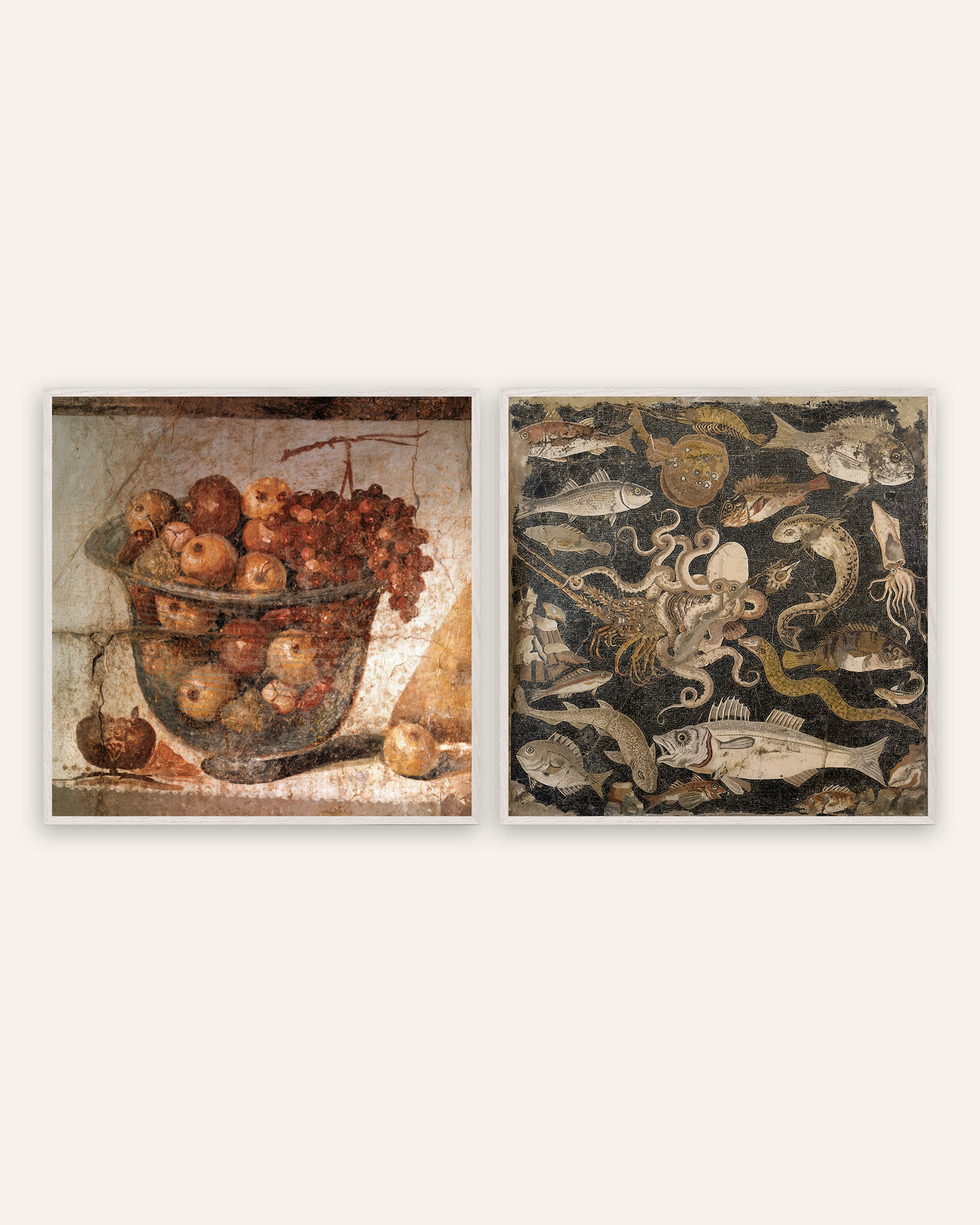 Posters de cozinha de Pompeia, conjunto de 2: taça de fruta e mosaico de peixes, com molduras de carvalho branco