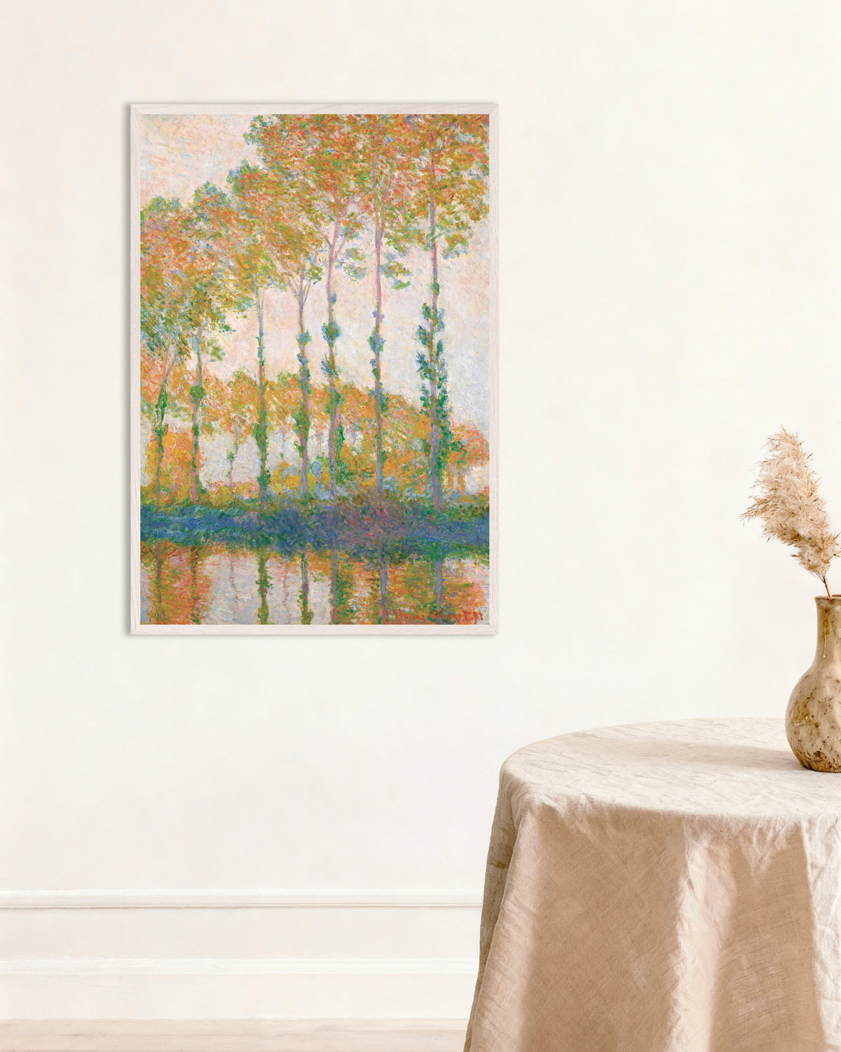 Poster Choupos nas Margens do Epte, Outono (1891), de Claude Monet, com moldura de madeira branca