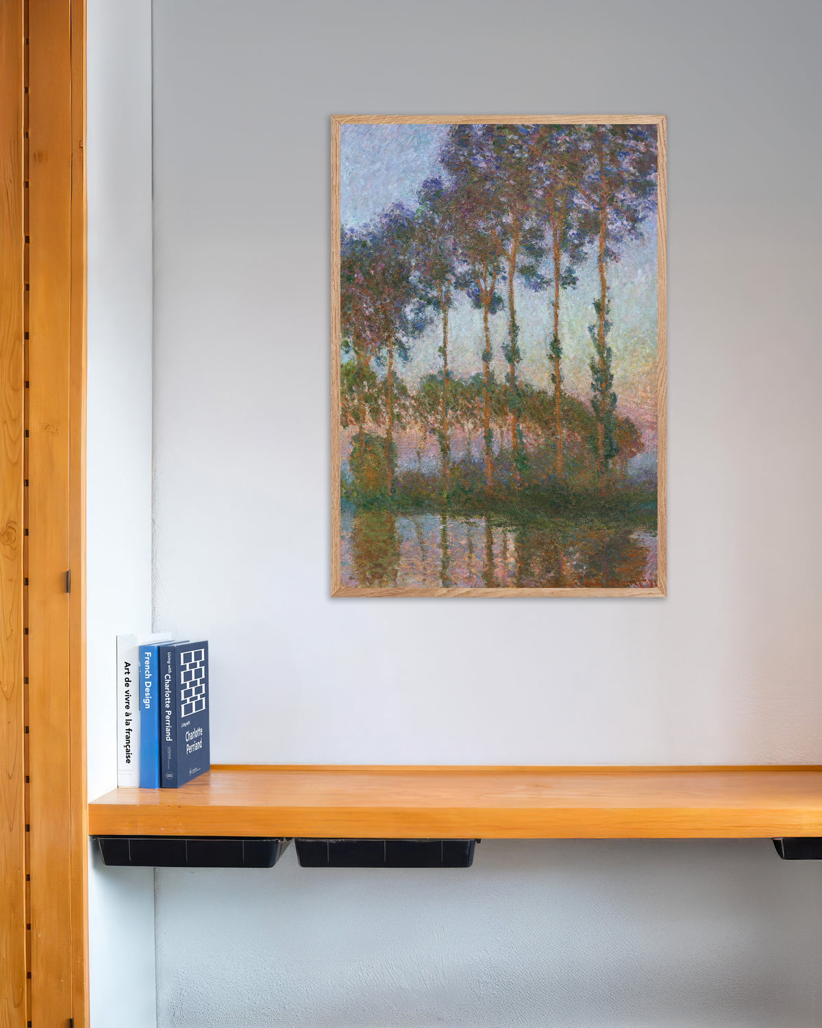 Poster Choupos nas Margens do Epte, Crepúsculo (1891), de Claude Monet, com moldura de madeira natural