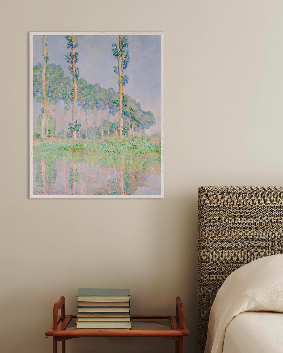 Poster Choupos, Efeito Rosa (1891), de Claude Monet, com moldura de madeira branca