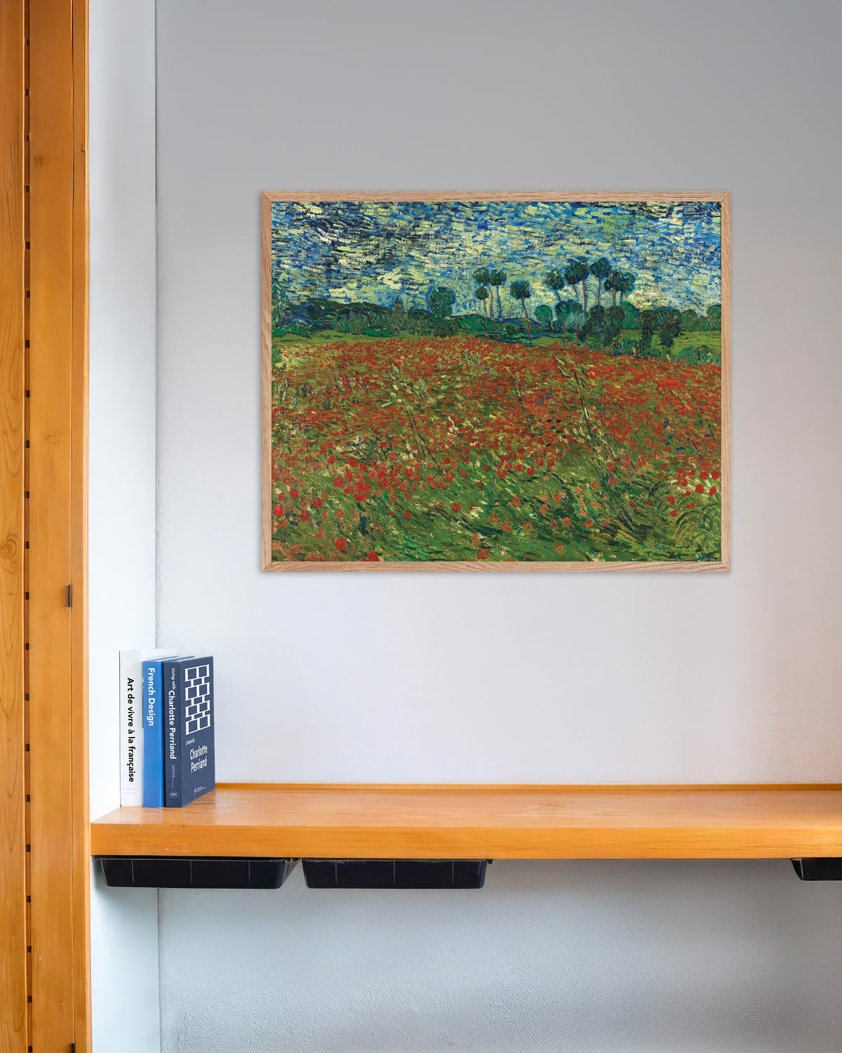 Poster de Campo de Papoulas (1890), de Vincent van Gogh, com moldura de madeira natural