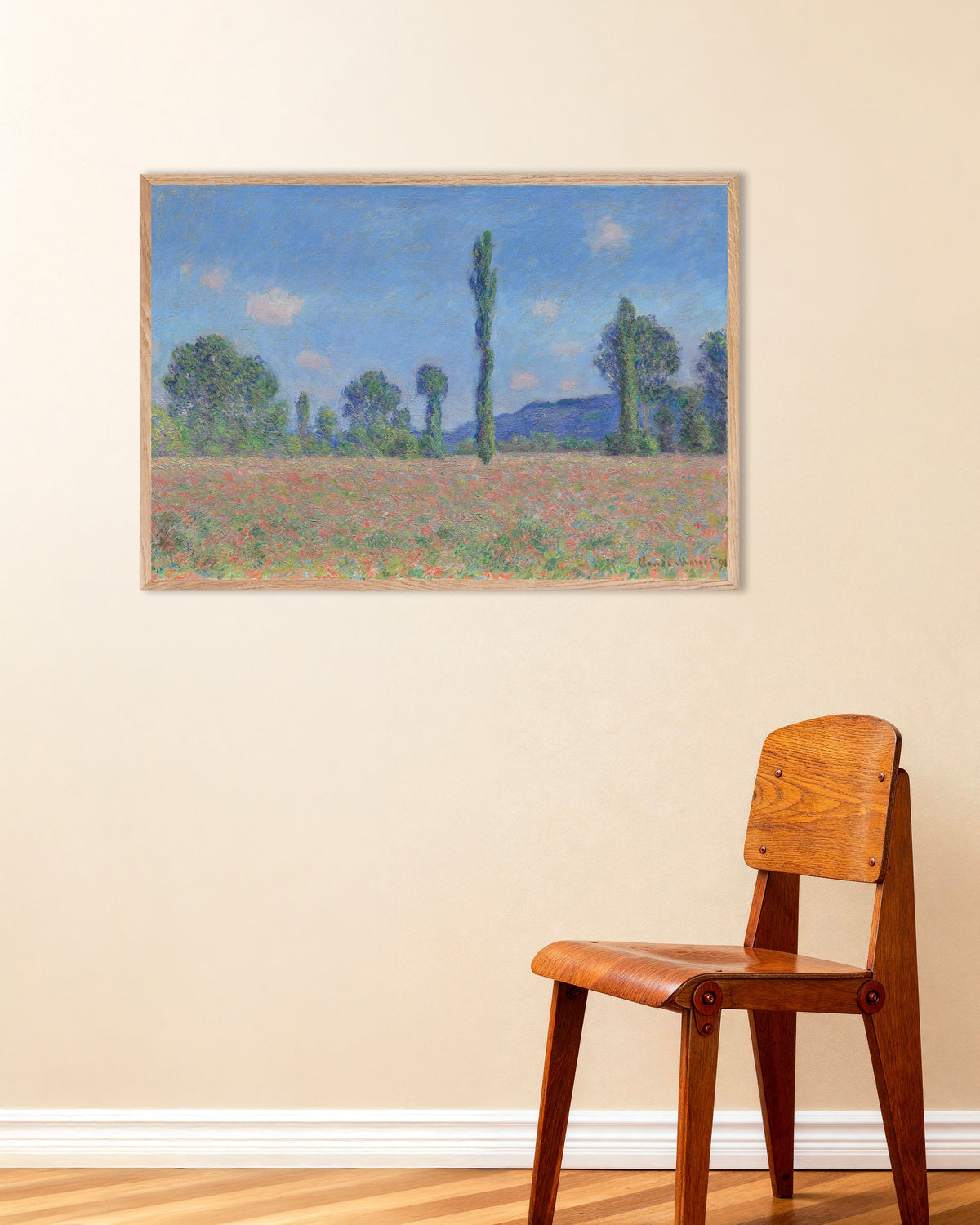 Poster Campo de Papoilas, Giverny (1890), de Claude Monet, com moldura de madeira natural