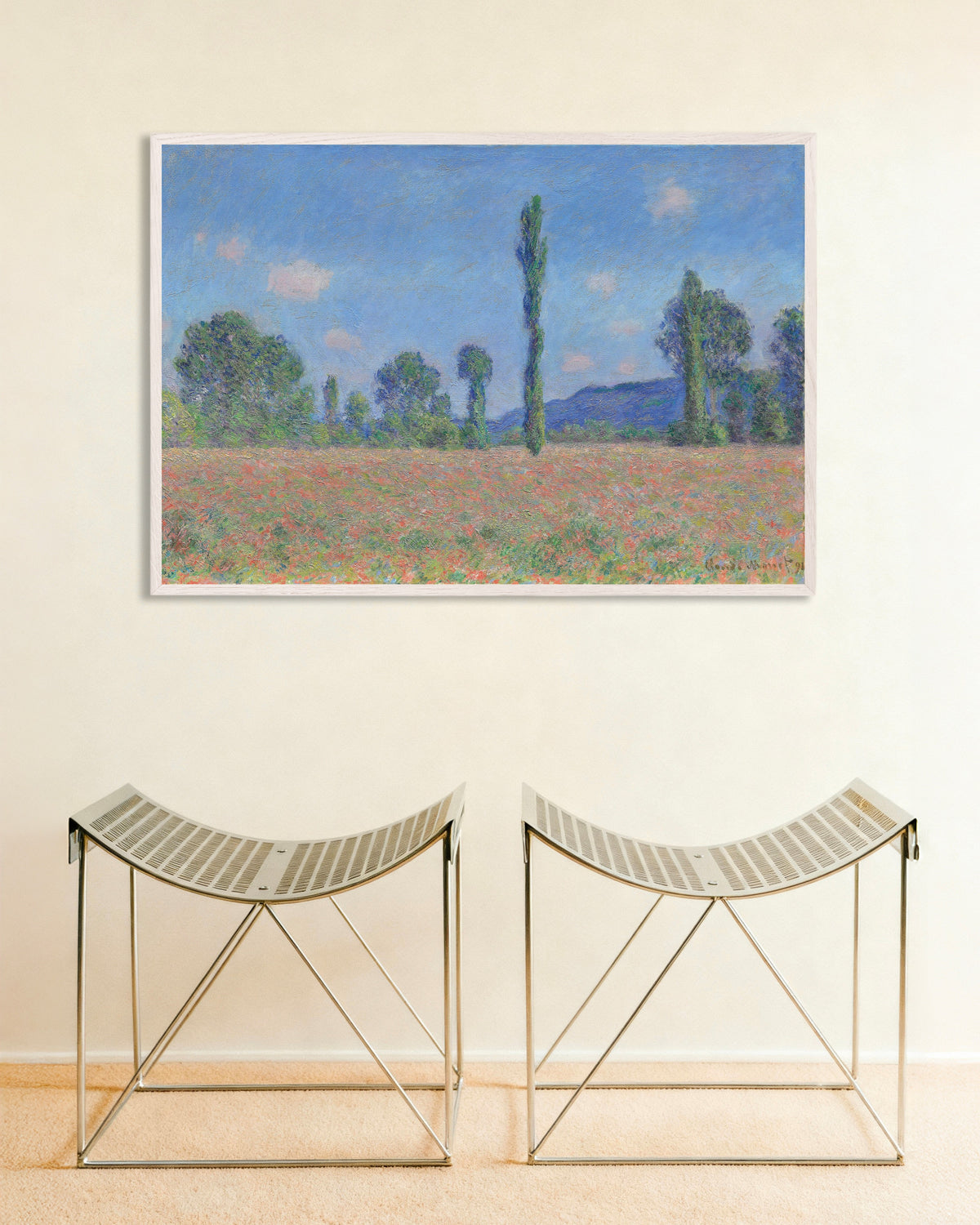 Poster Campo de Papoilas, Giverny (1890), de Claude Monet, com moldura de madeira branca
