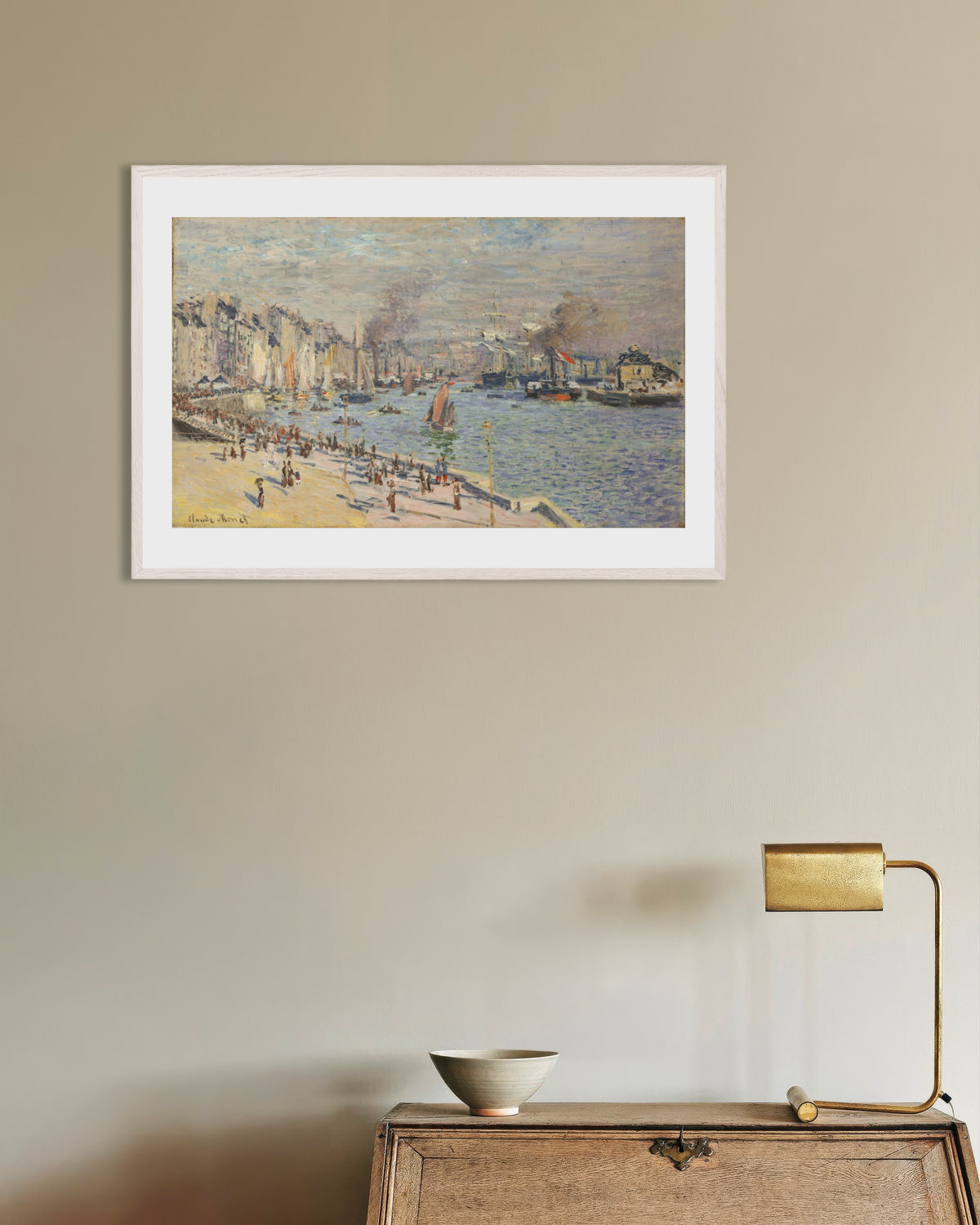 Poster O Porto do Havre (1874), de Claude Monet, com moldura de madeira branca