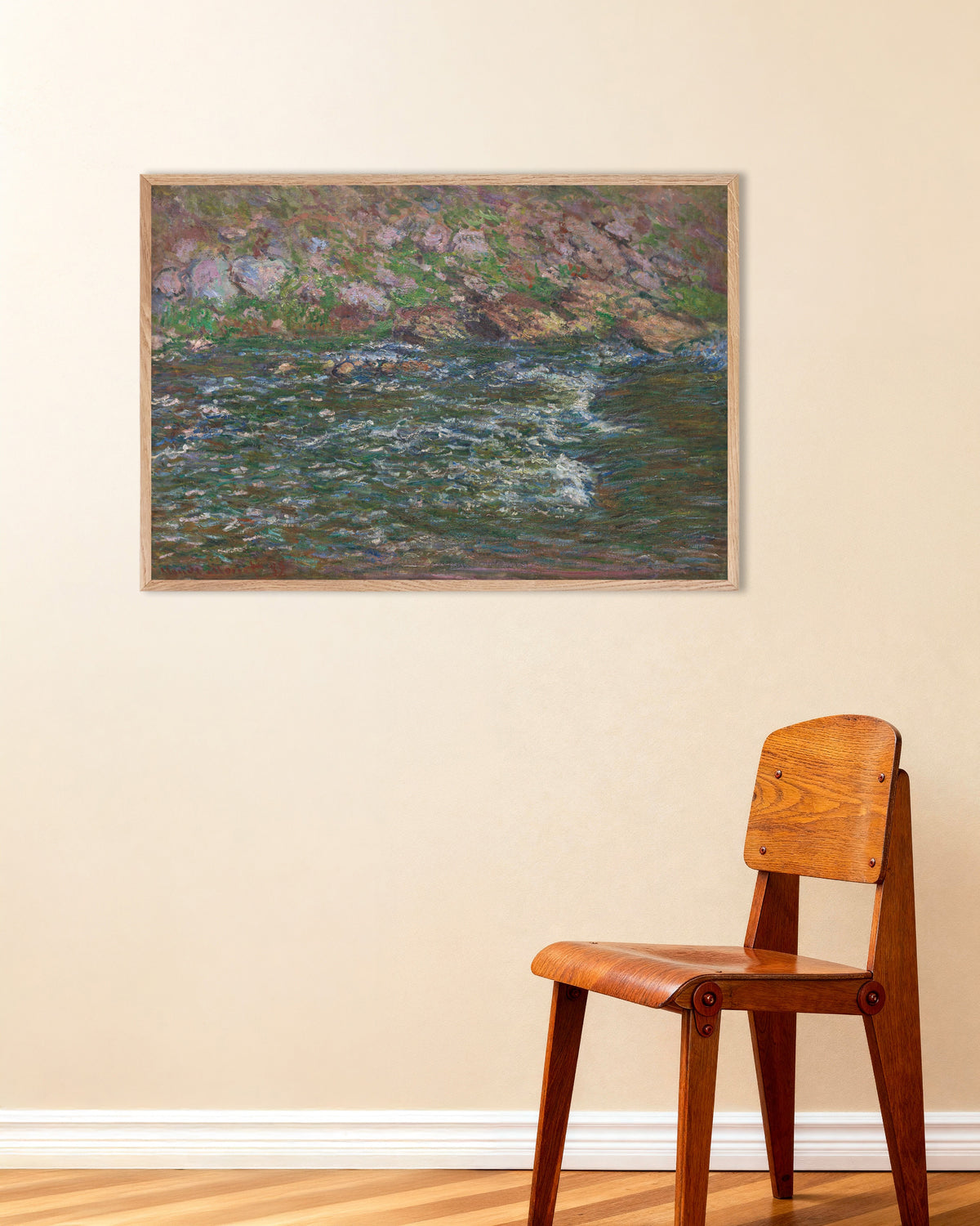 Poster Rápidos no Petite Creuse em Fresselines (1889), de Claude Monet, com moldura de madeira natural